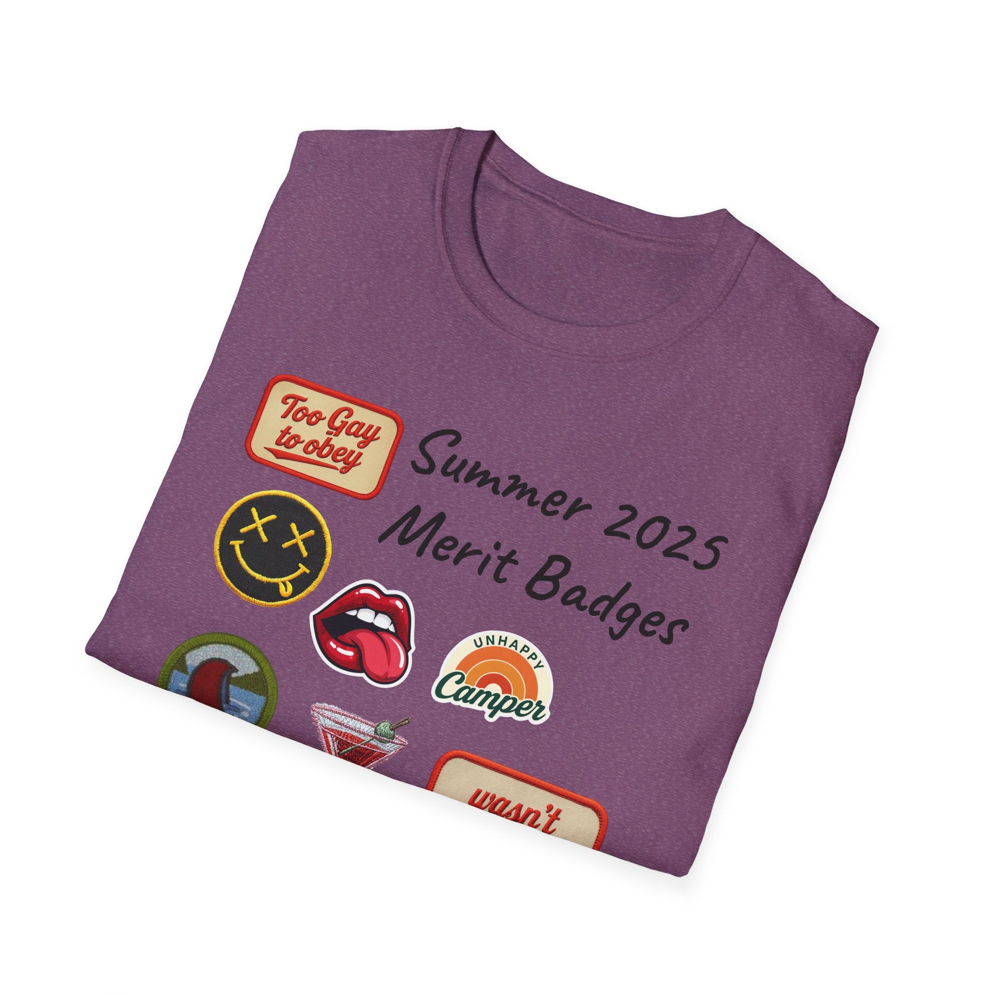 Summer 2025 Merit Badges carnival Unisex Softstyle T-Shirt, Gay Summer Apparel, Camp Vibes Tee, Unique Gifts, Casual Wear for Parties