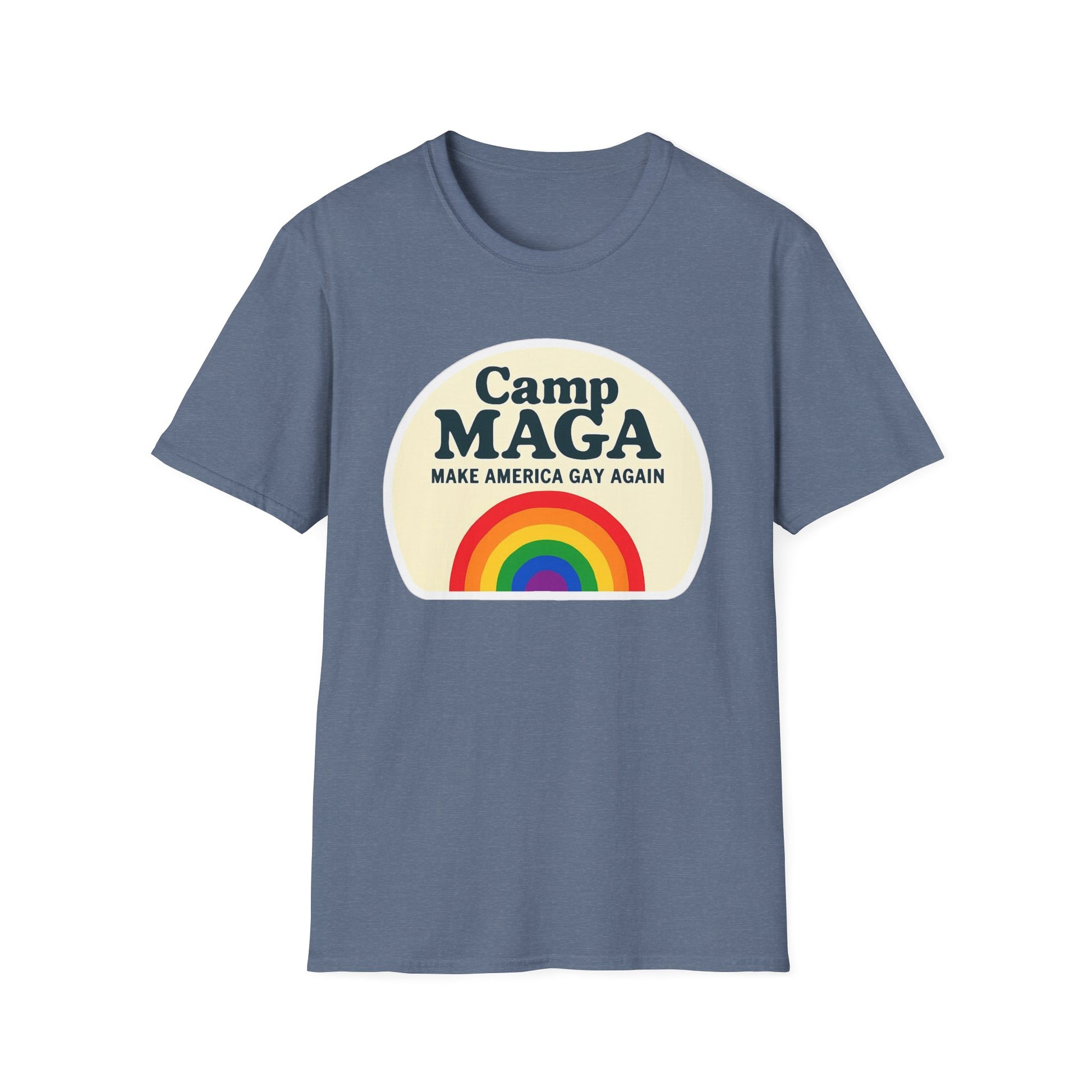 Camp MAGA Rainbow T-Shirt, Carnival Make America Gay Again Pride Tee, LGBTQ Festival Shirt, Unisex Softstyle Top, Patriotic Rainbow Apparel