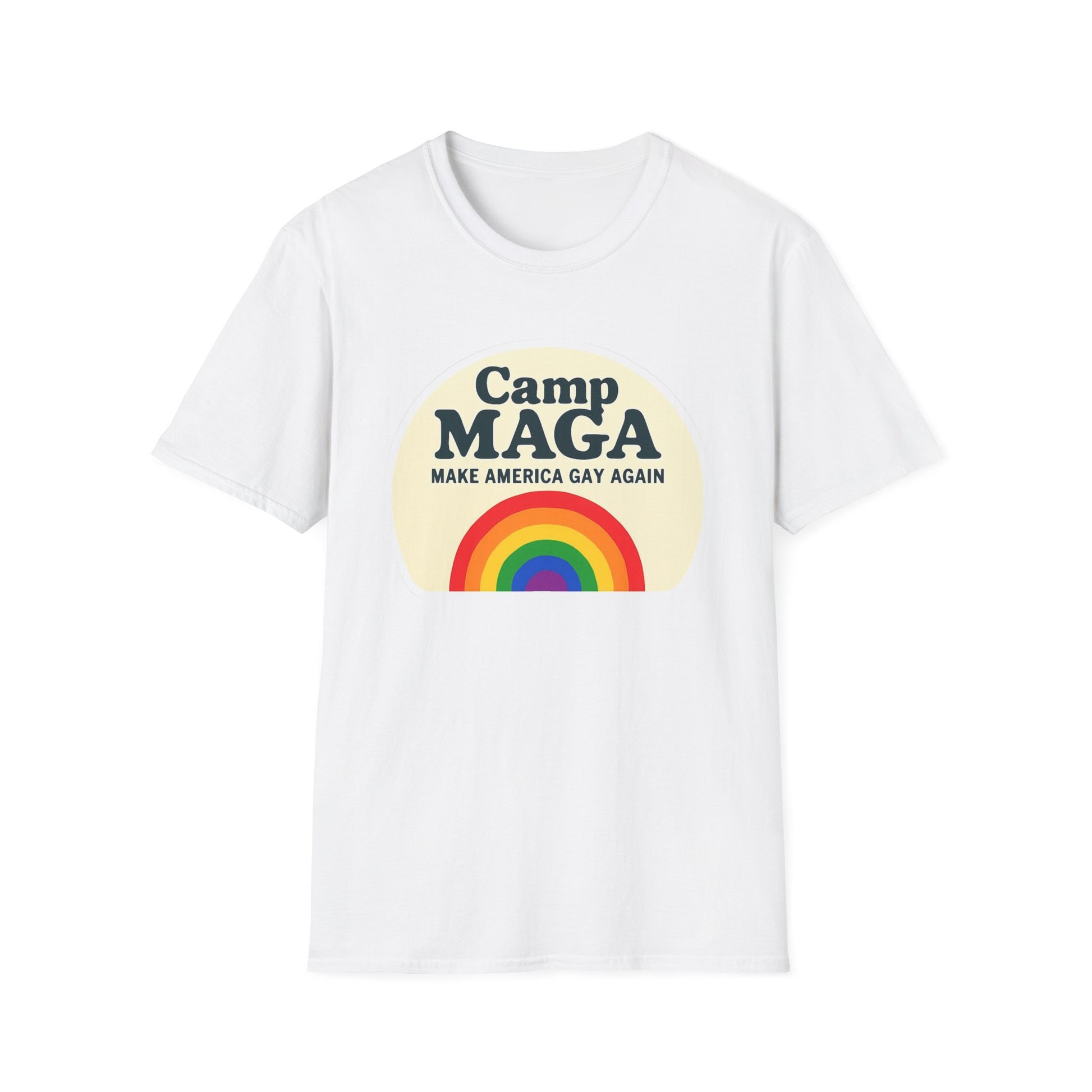 Camp MAGA Rainbow T-Shirt, Carnival Make America Gay Again Pride Tee, LGBTQ Festival Shirt, Unisex Softstyle Top, Patriotic Rainbow Apparel