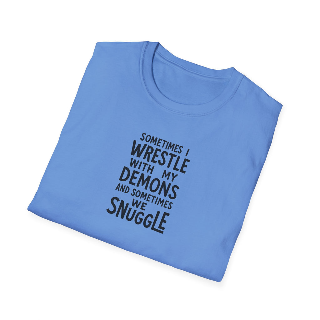 Demon Snuggle Unisex Softstyle T-Shirt, Wrestling Funny Tee, Mental Health Shirt, Graphic Tee, Gift for Him Her