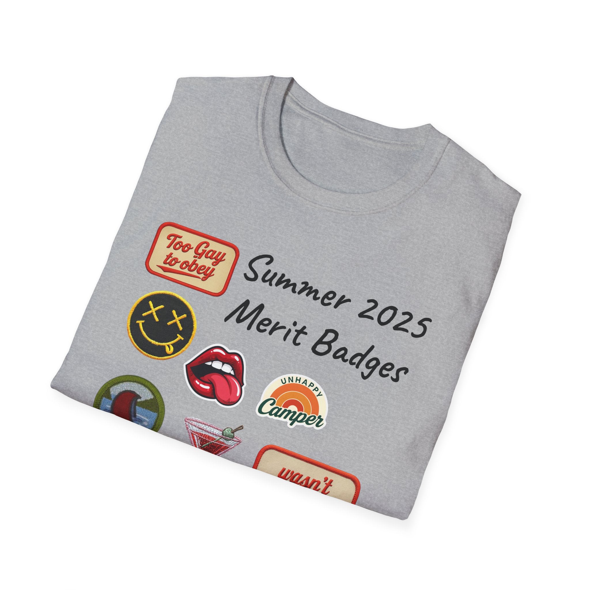 Summer 2025 Merit Badges carnival Unisex Softstyle T-Shirt, Gay Summer Apparel, Camp Vibes Tee, Unique Gifts, Casual Wear for Parties