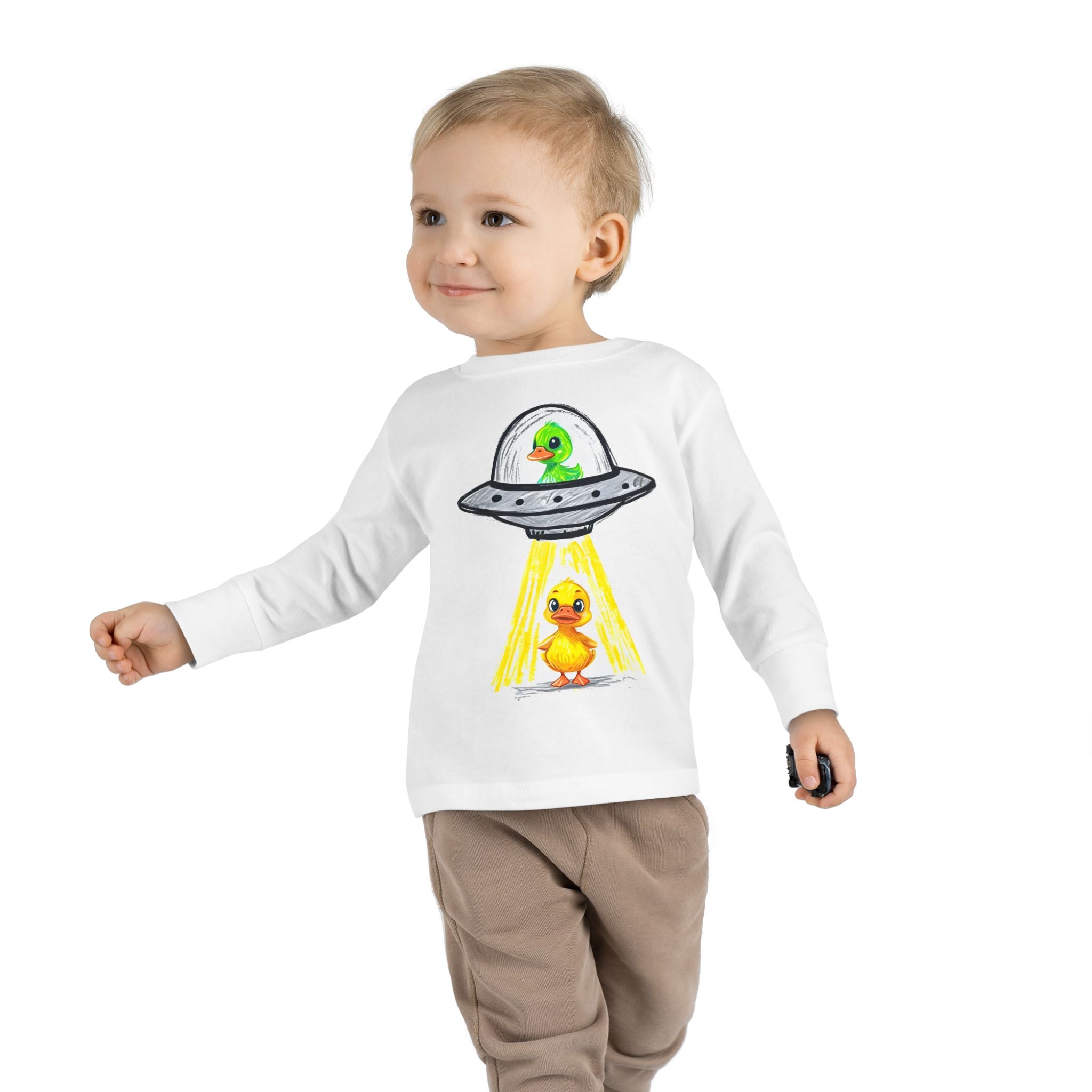 Toddler Long Sleeve Tee - Ducks in Space, Kids Graphic Tee, Animal Print Shirt, Outer Space Theme, Children's Clothing