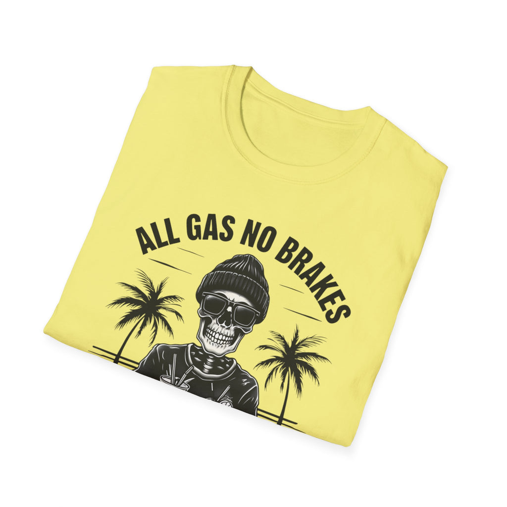 All Gas No Brakes Tee, Beach Party Skull Unisex Softstyle T-Shirt, Summer Skeleton Shirt, Vacation Graphic Top, Surfing Skeleton Apparel