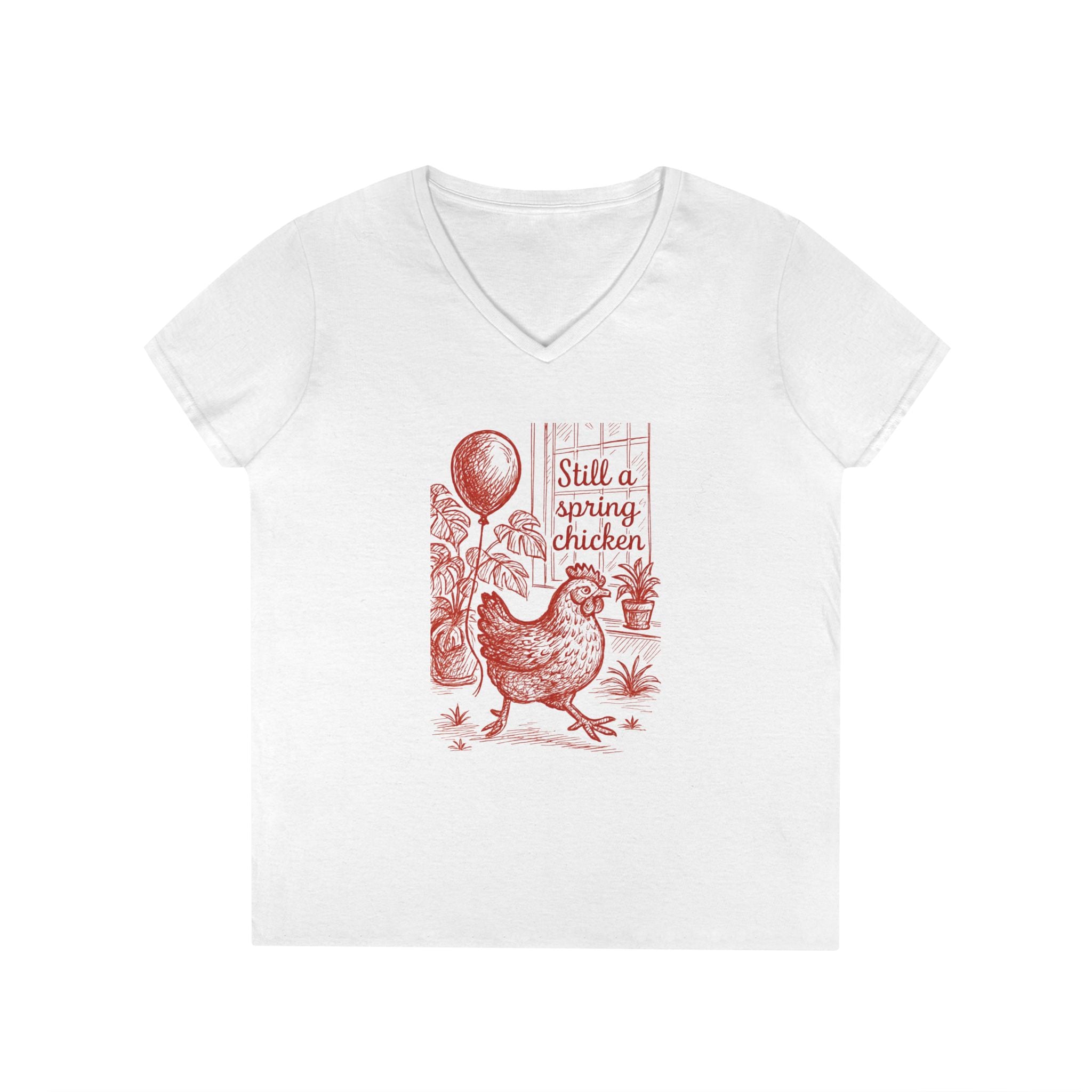 Still A Spring Chicken Ladies' V-Neck T-Shirt, Women's Birthday Gift Shirt, Menopause Tee, Getting Older Top, Funny Graphic Tee