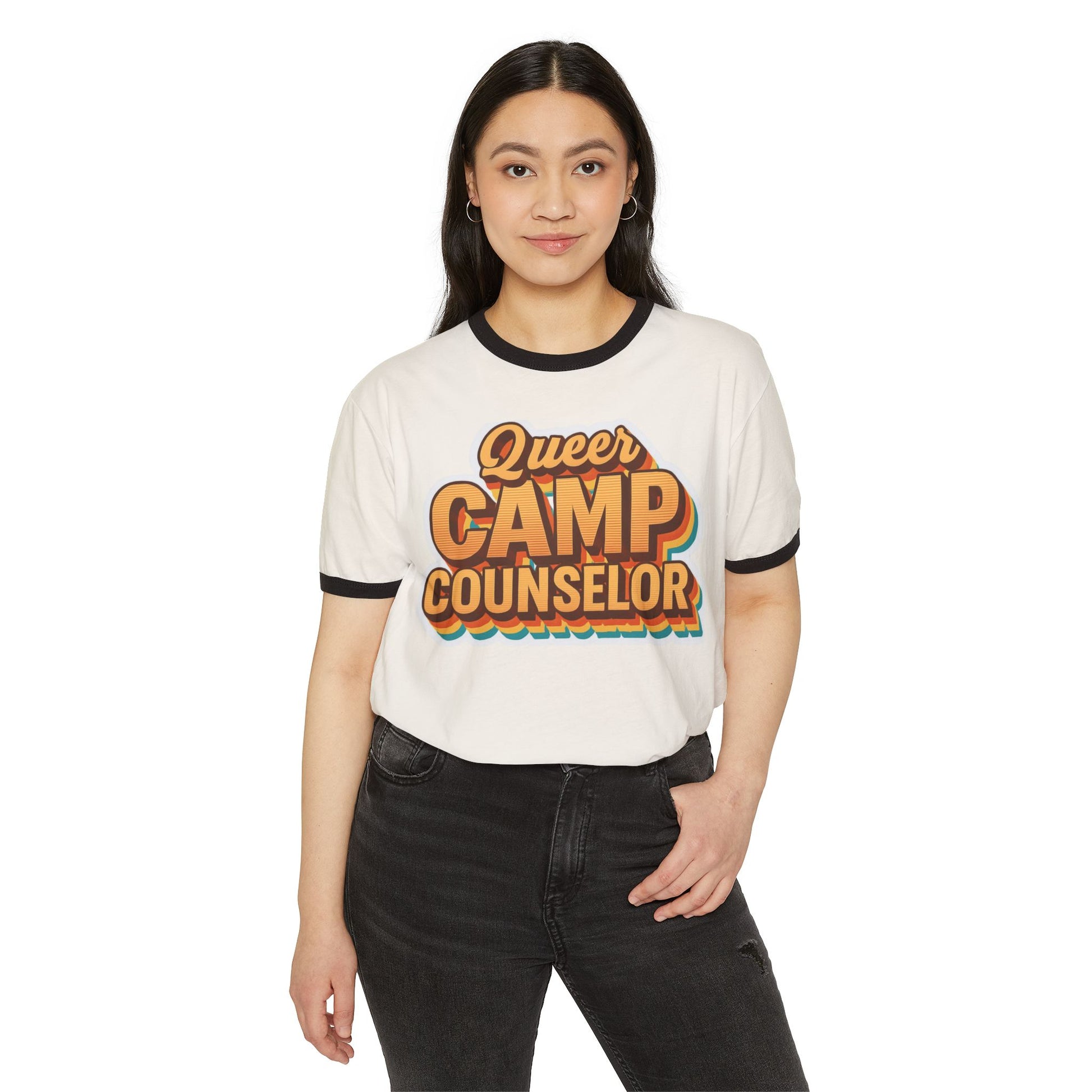 Queer Camp Counselor Ringer T-Shirt, Ptown carnival Unisex Cotton Tee, LGBTQ+ Pride Apparel, Summer Camp Shirt, Fun Outdoor Wear