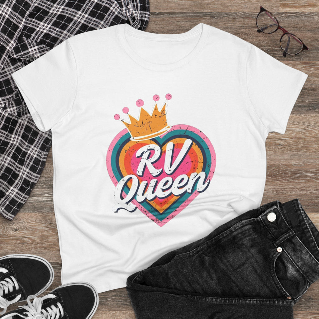 T-Shirt, RV Queen Camping Traveling, Women's Midweight Cotton Tee, Outdoor Adventure Shirt, Camper Life Top, Road Trip Apparel, Campfire