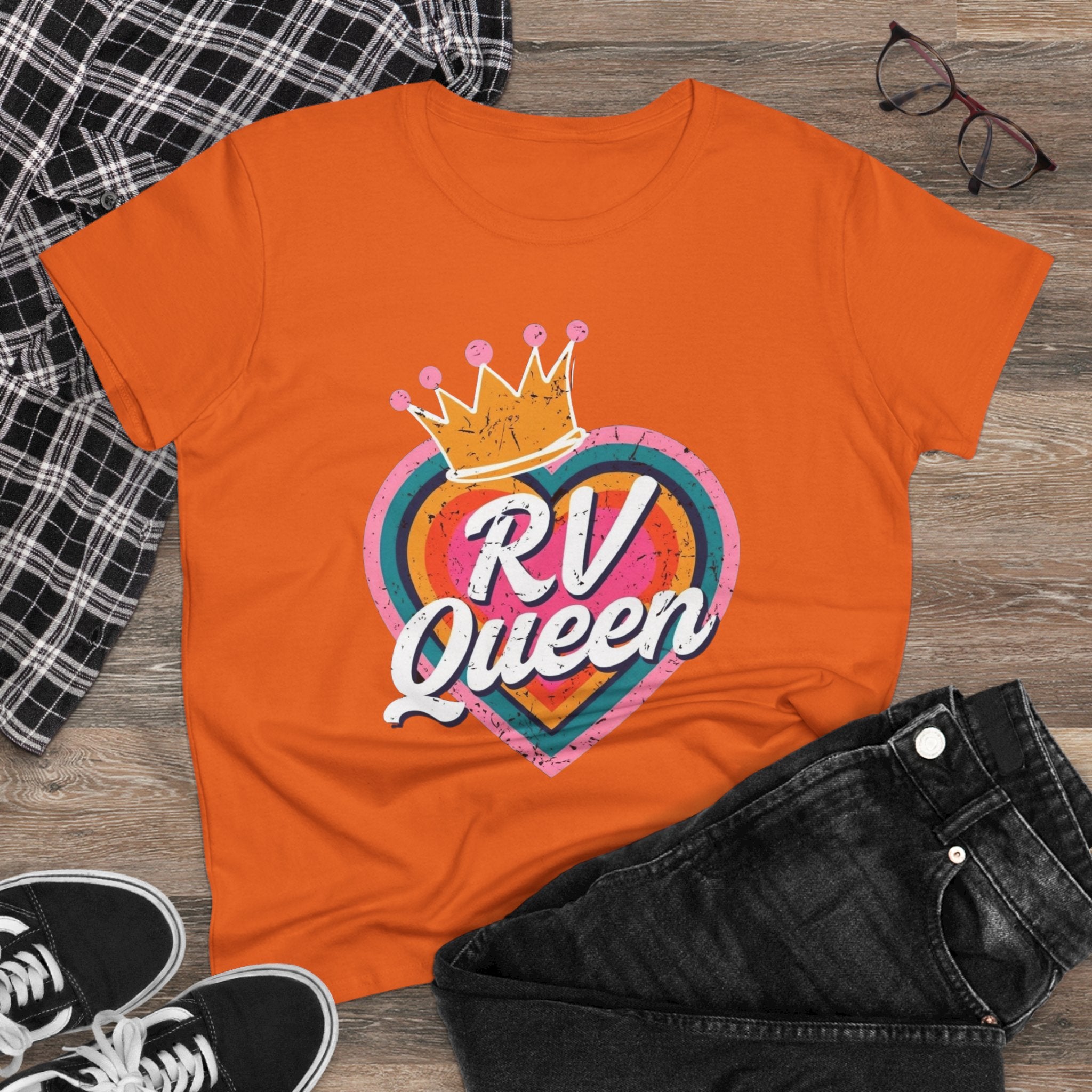 T-Shirt, RV Queen Camping Traveling, Women's Midweight Cotton Tee, Outdoor Adventure Shirt, Camper Life Top, Road Trip Apparel, Campfire