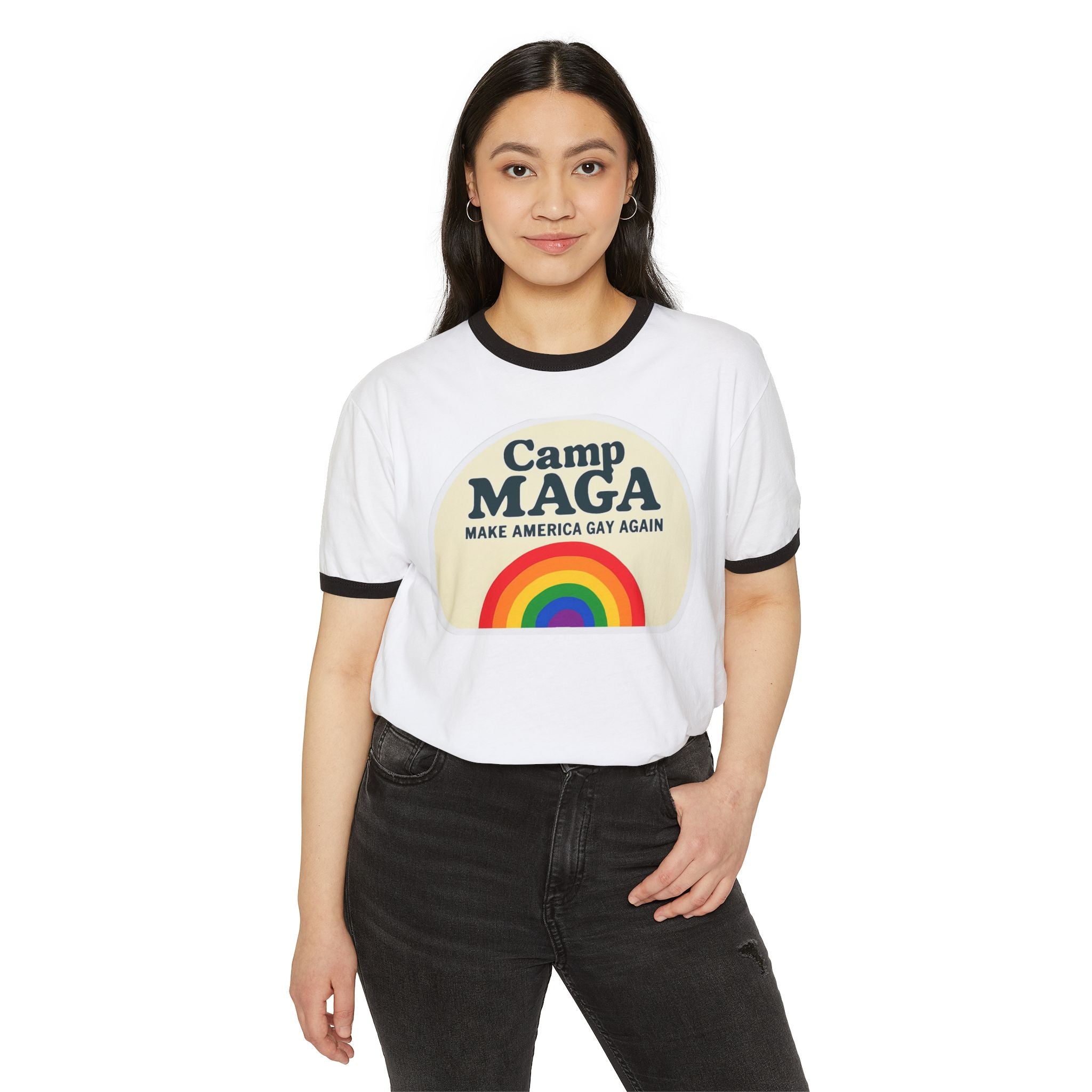 Camp MAGA Ptown Carnival Unisex Cotton Ringer T-Shirt, Pride Parade LGBT Anti-Trump Activist Tee, Make America Gay Again, Resist Political