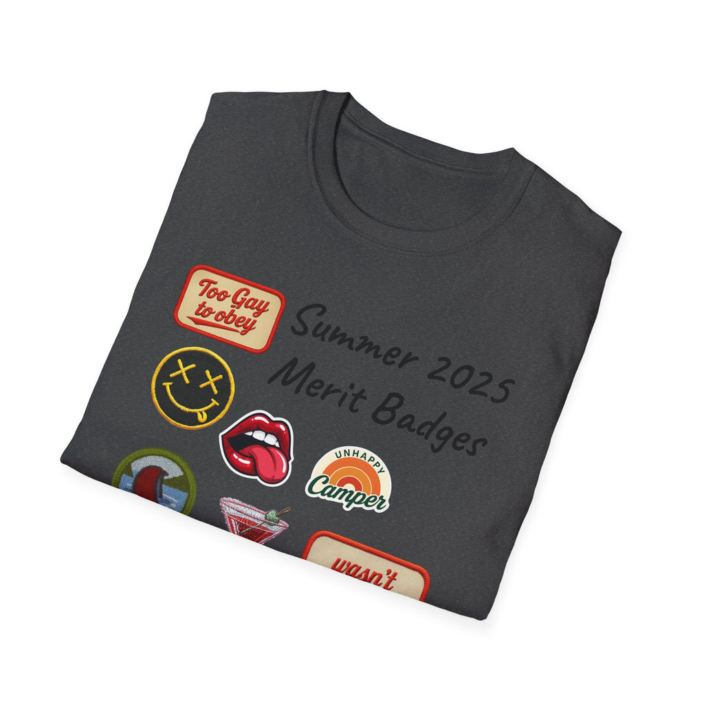 Summer 2025 Merit Badges carnival Unisex Softstyle T-Shirt, Gay Summer Apparel, Camp Vibes Tee, Unique Gifts, Casual Wear for Parties