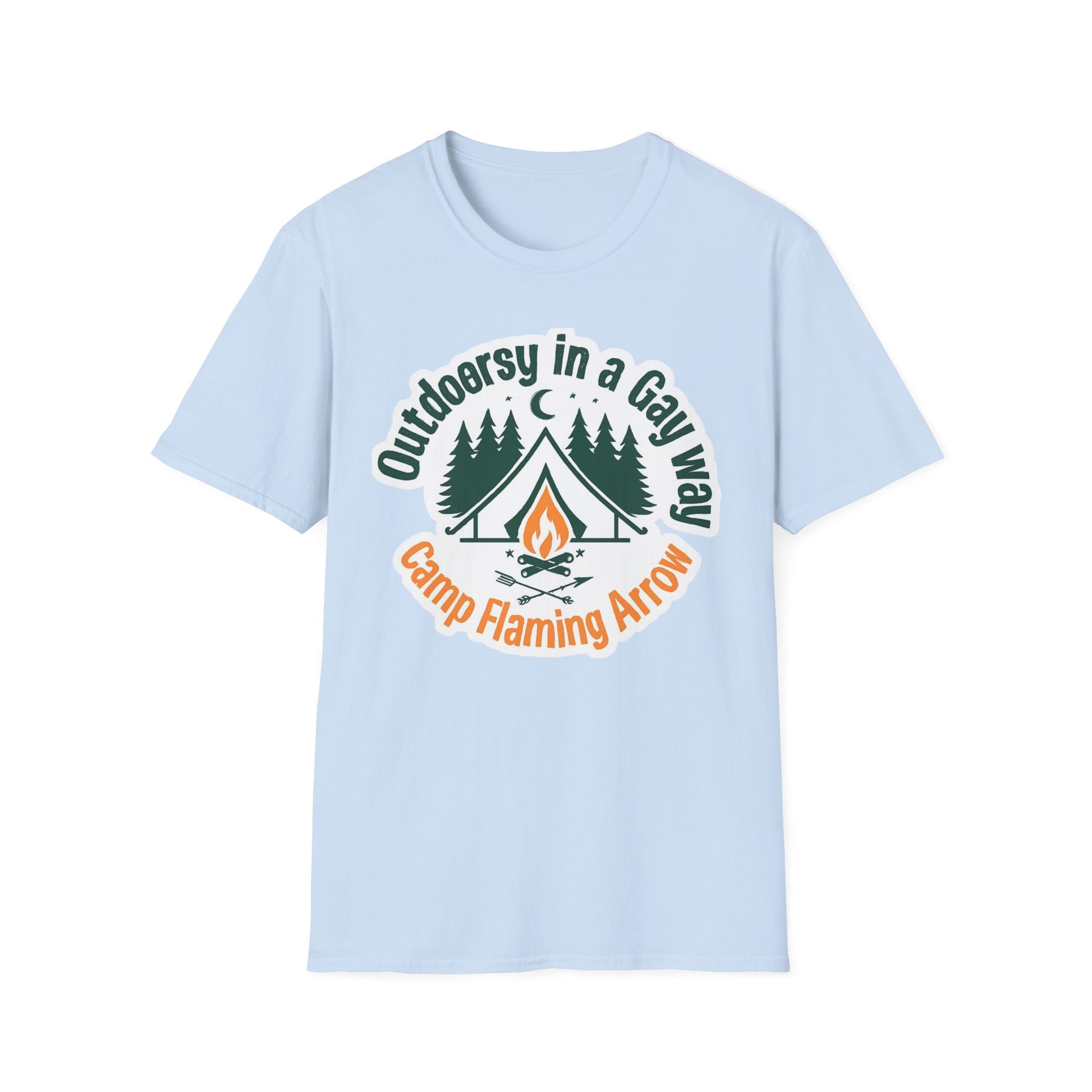 Camp Flaming Arrow Pride T-Shirt, Ptown carnival Gay Outdoorsy in a gay way, LGBTQ+ Camping Gear, Summer Festival Top, Unisex Graphic Tee