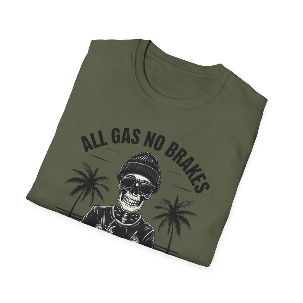 All Gas No Brakes Tee, Beach Party Skull Unisex Softstyle T-Shirt, Summer Skeleton Shirt, Vacation Graphic Top, Surfing Skeleton Apparel