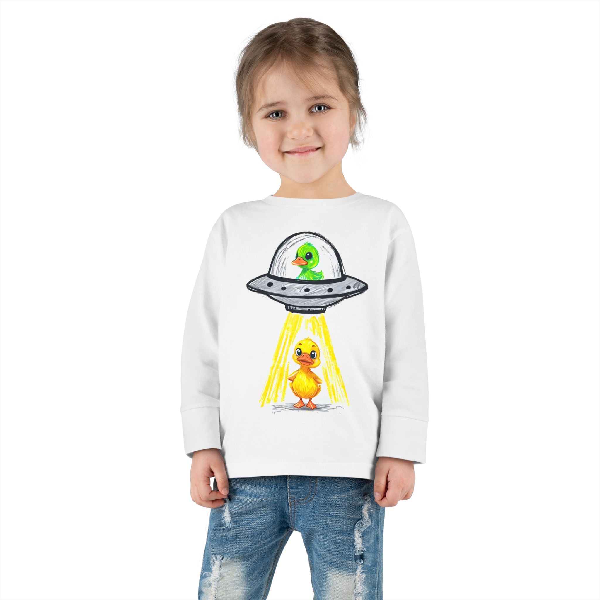Toddler Long Sleeve Tee - Ducks in Space, Kids Graphic Tee, Animal Print Shirt, Outer Space Theme, Children's Clothing