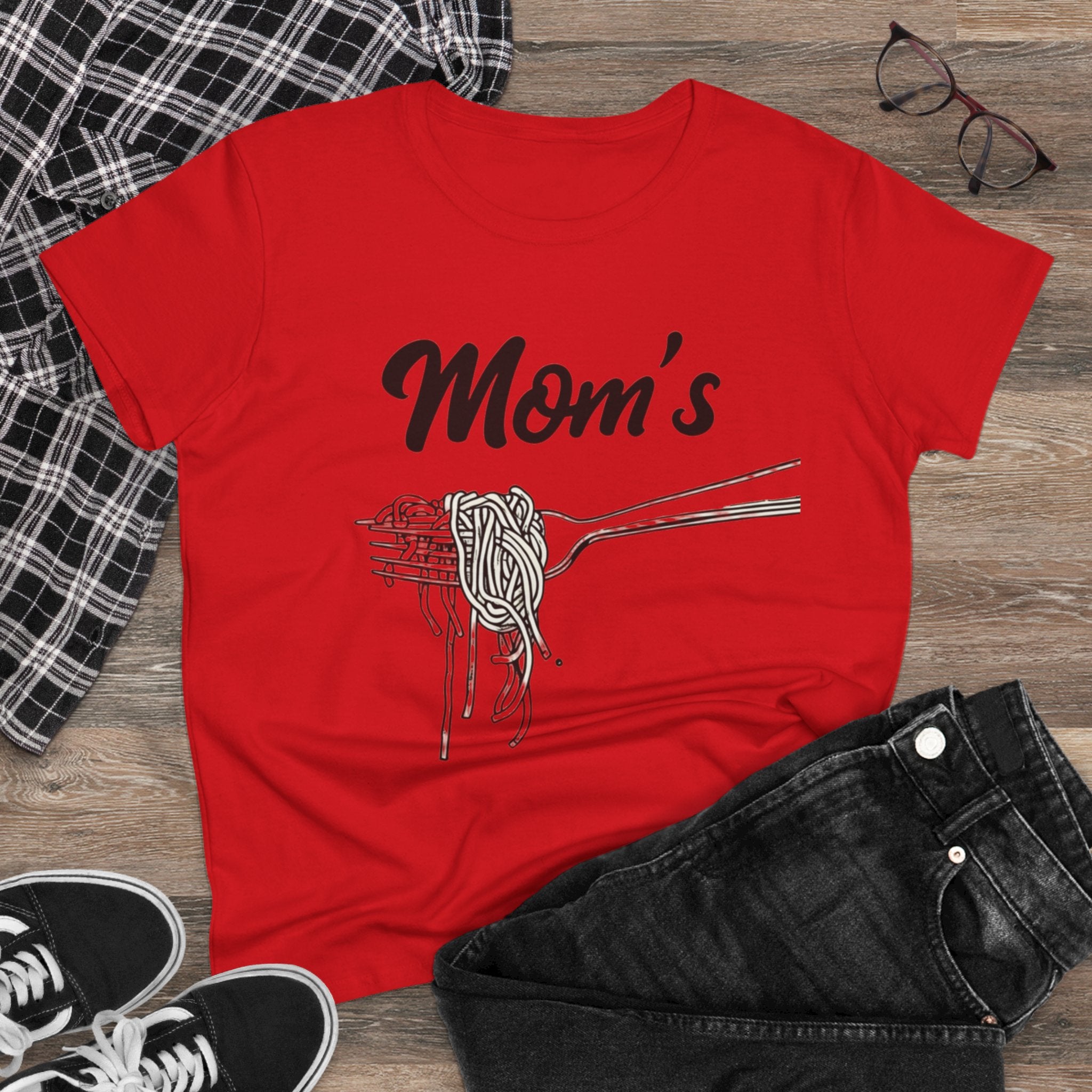 Mom's Spaghetti Tee - Women's Midweight Cotton T-Shirt, Gift for Mother's Day, Foodie Shirt, Casual Wear, Cozy Top