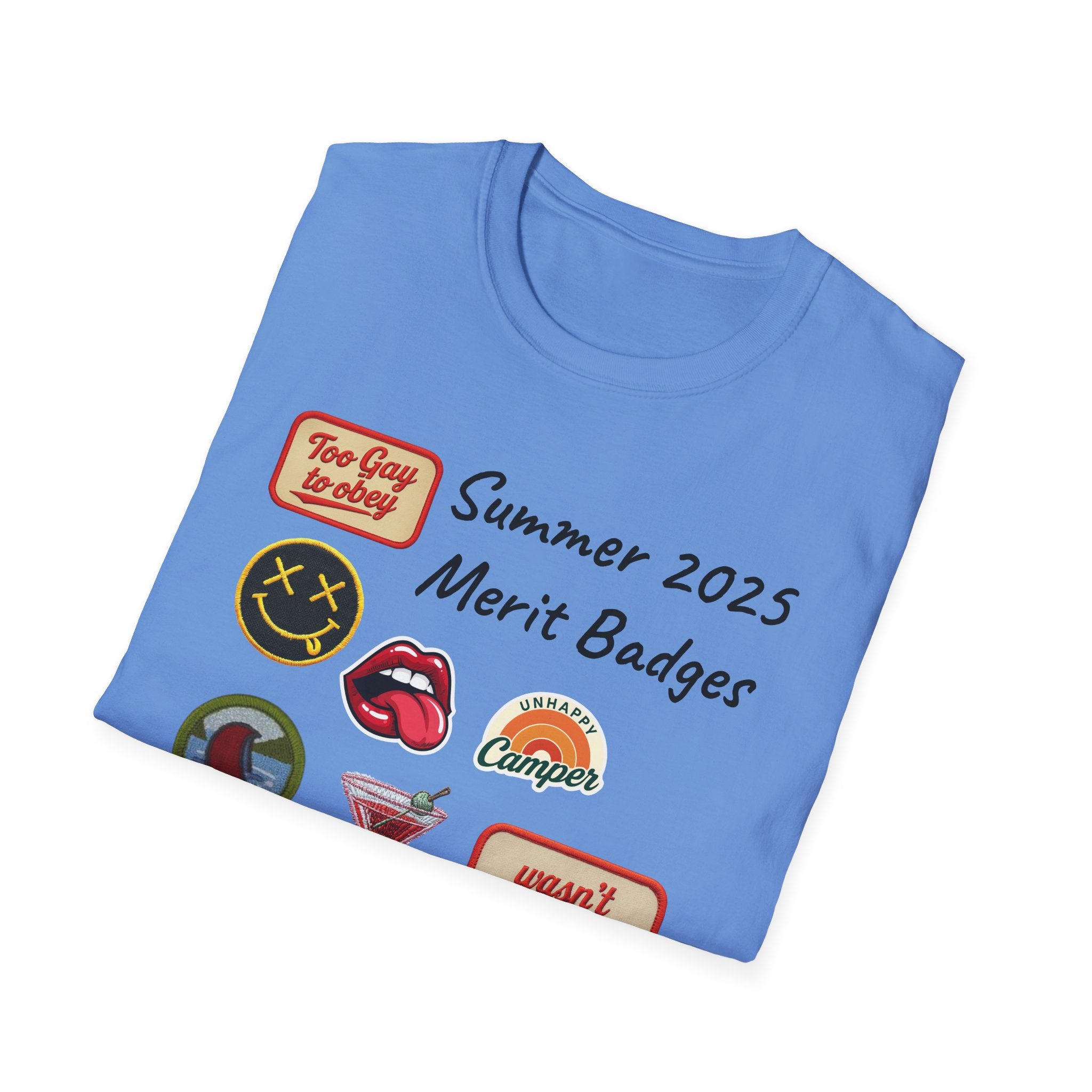 Summer 2025 Merit Badges carnival Unisex Softstyle T-Shirt, Gay Summer Apparel, Camp Vibes Tee, Unique Gifts, Casual Wear for Parties