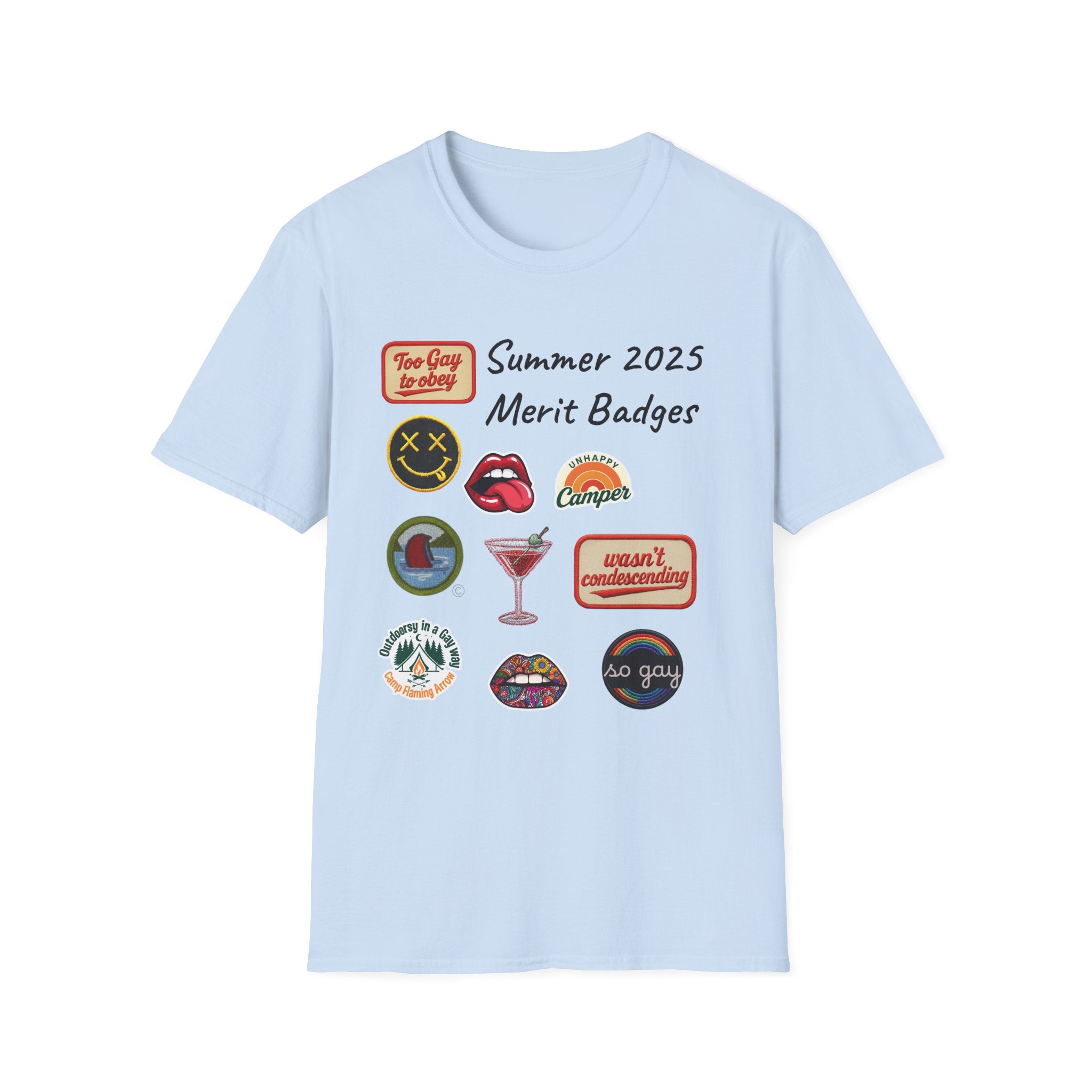Summer 2025 Merit Badges carnival Unisex Softstyle T-Shirt, Gay Summer Apparel, Camp Vibes Tee, Unique Gifts, Casual Wear for Parties