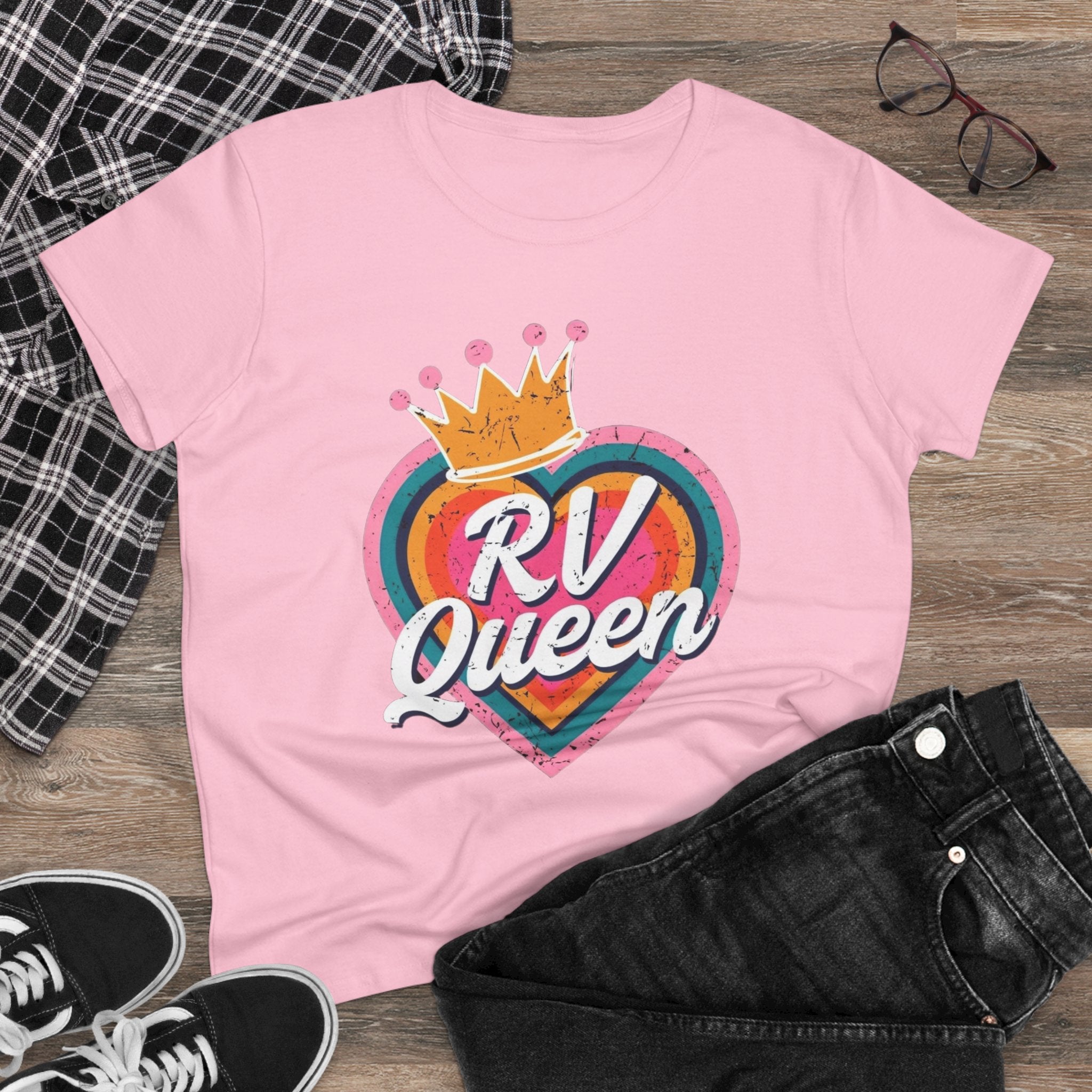 T-Shirt, RV Queen Camping Traveling, Women's Midweight Cotton Tee, Outdoor Adventure Shirt, Camper Life Top, Road Trip Apparel, Campfire