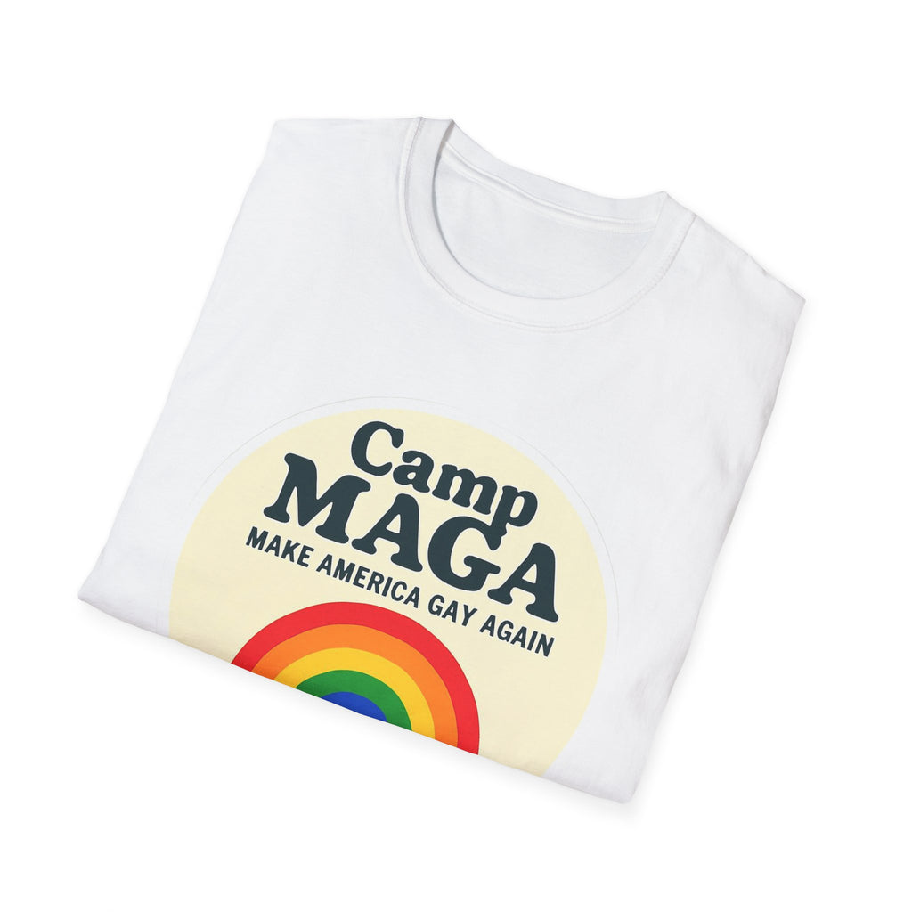 Camp MAGA Rainbow T-Shirt, Carnival Make America Gay Again Pride Tee, LGBTQ Festival Shirt, Unisex Softstyle Top, Patriotic Rainbow Apparel