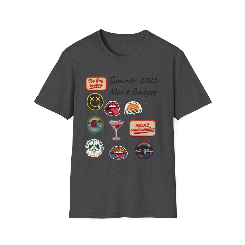Summer 2025 Merit Badges carnival Unisex Softstyle T-Shirt, Gay Summer Apparel, Camp Vibes Tee, Unique Gifts, Casual Wear for Parties