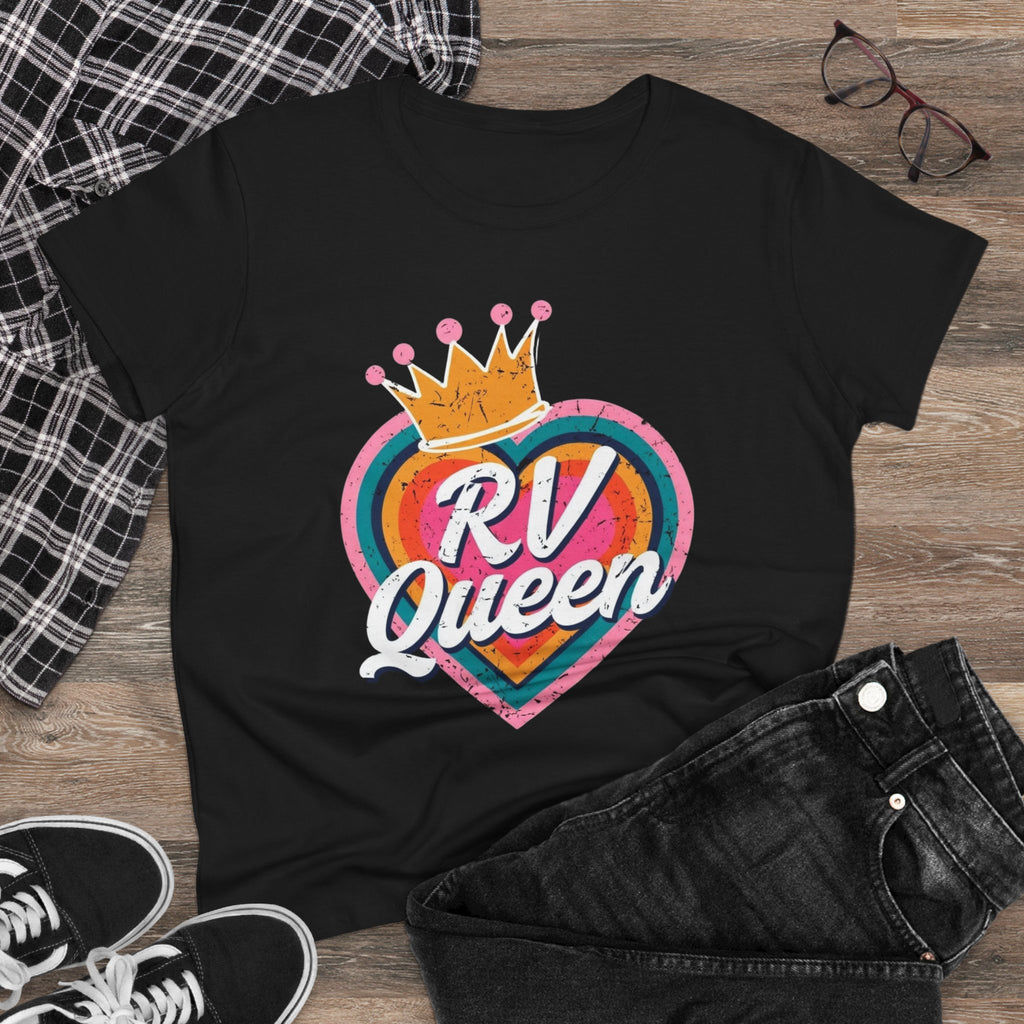 T-Shirt, RV Queen Camping Traveling, Women's Midweight Cotton Tee, Outdoor Adventure Shirt, Camper Life Top, Road Trip Apparel, Campfire