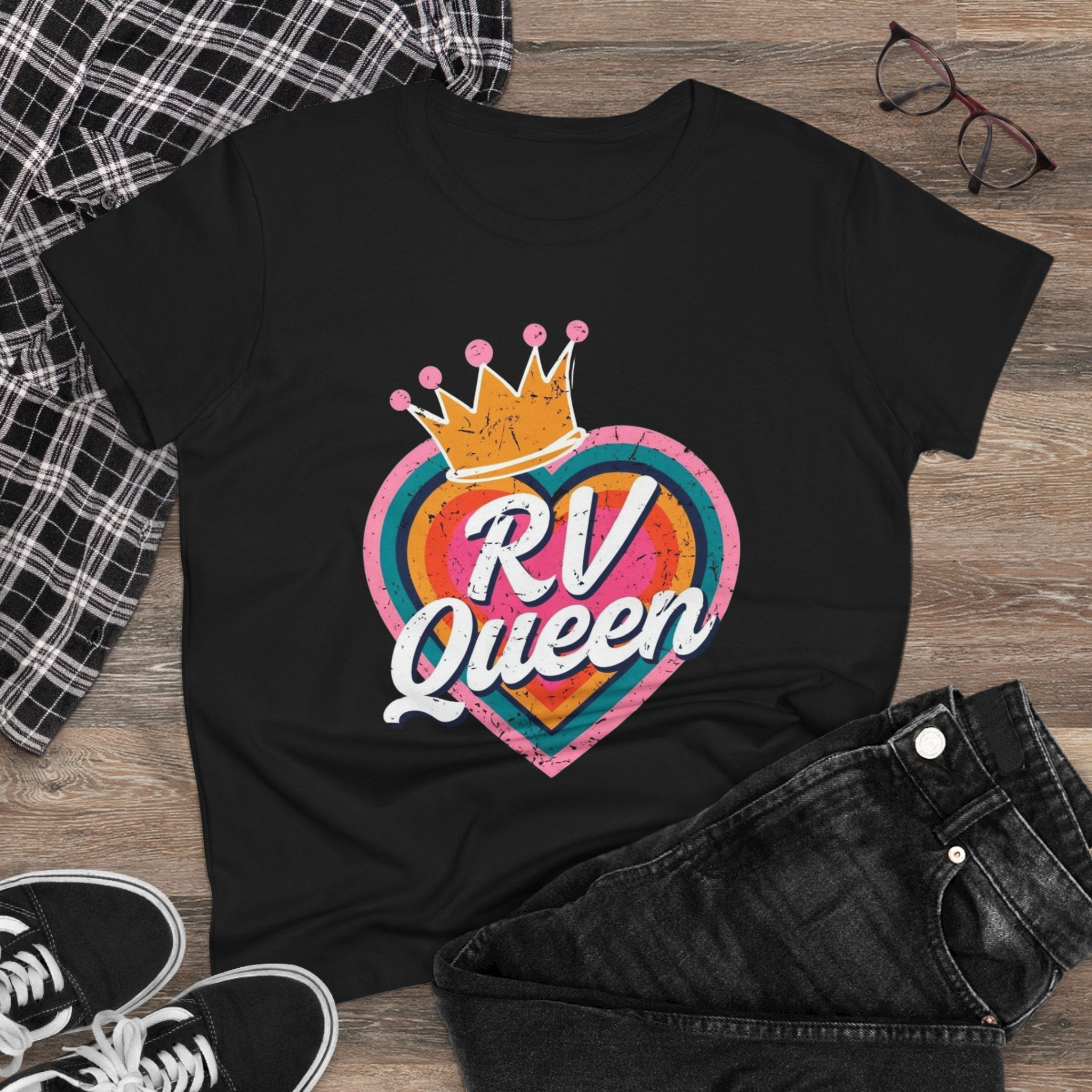 T-Shirt, RV Queen Camping Traveling, Women's Midweight Cotton Tee, Outdoor Adventure Shirt, Camper Life Top, Road Trip Apparel, Campfire