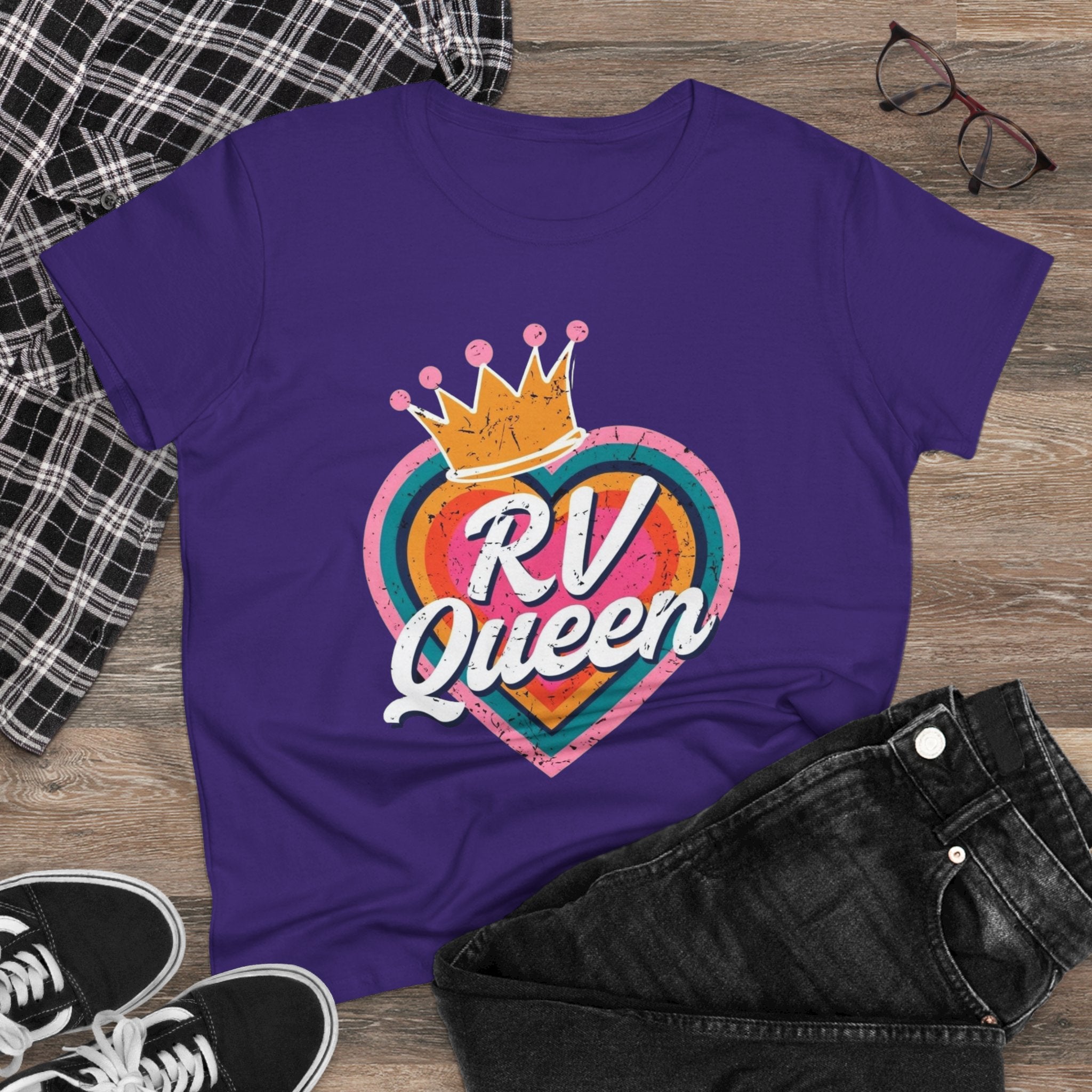 T-Shirt, RV Queen Camping Traveling, Women's Midweight Cotton Tee, Outdoor Adventure Shirt, Camper Life Top, Road Trip Apparel, Campfire