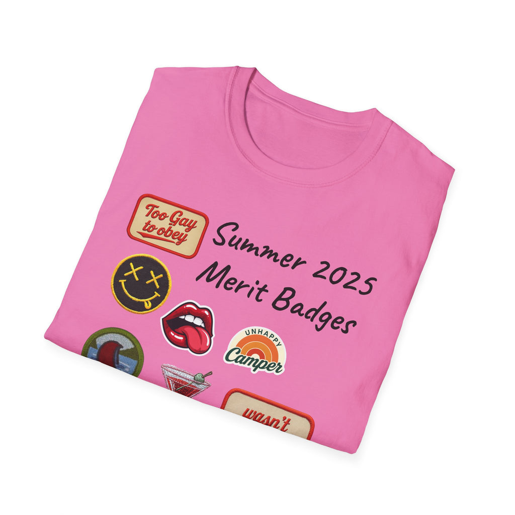 Summer 2025 Merit Badges carnival Unisex Softstyle T-Shirt, Gay Summer Apparel, Camp Vibes Tee, Unique Gifts, Casual Wear for Parties