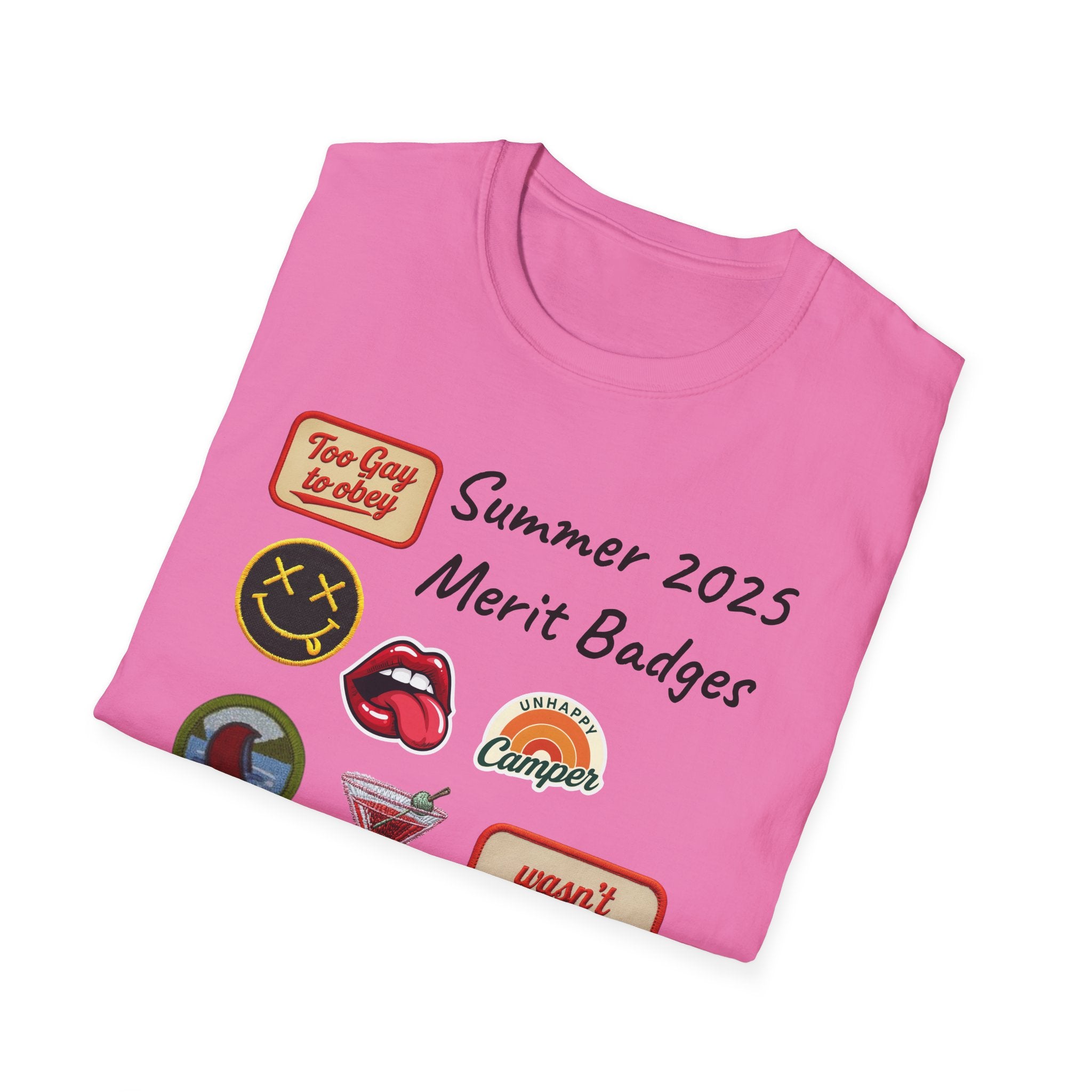 Summer 2025 Merit Badges carnival Unisex Softstyle T-Shirt, Gay Summer Apparel, Camp Vibes Tee, Unique Gifts, Casual Wear for Parties