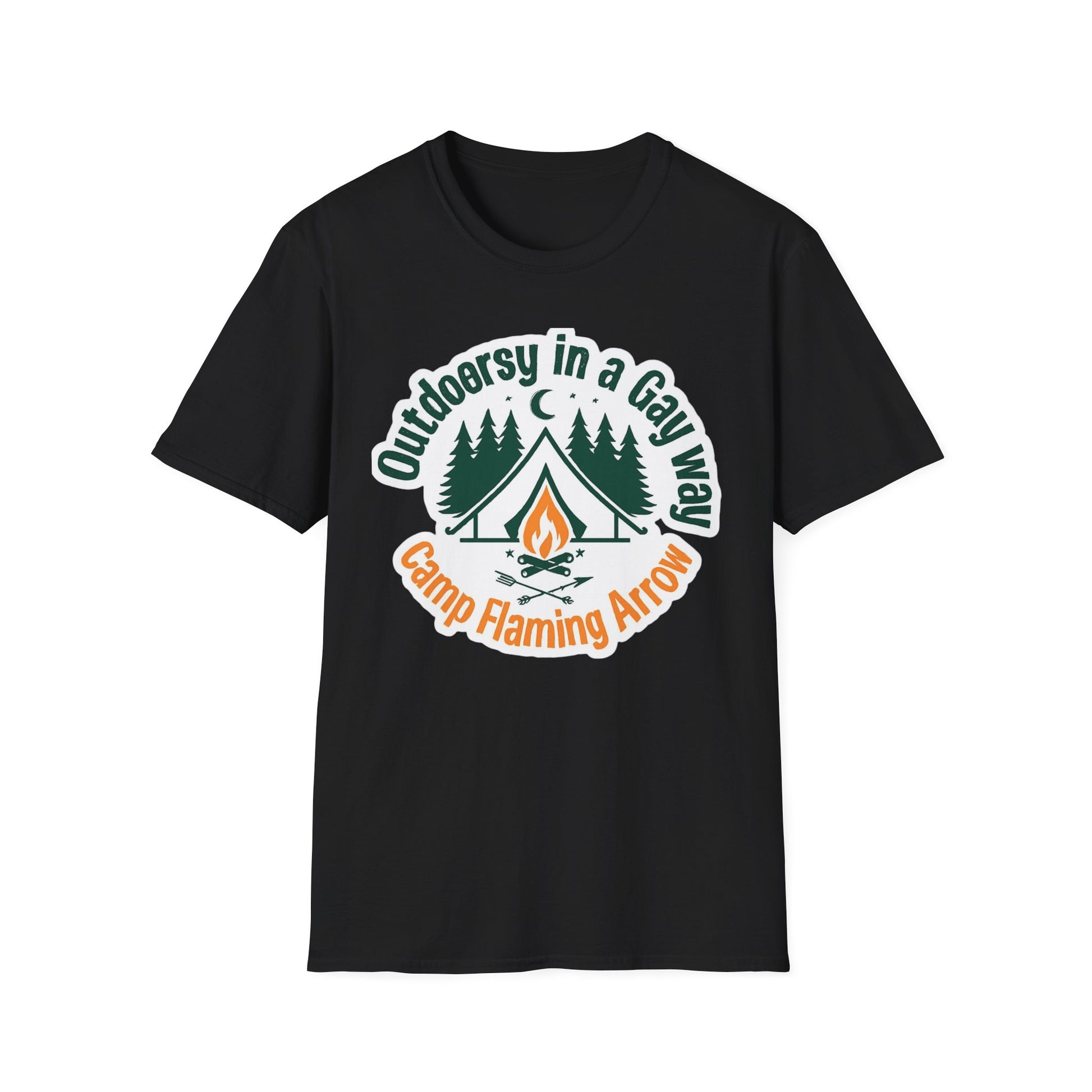 Camp Flaming Arrow Pride T-Shirt, Ptown carnival Gay Outdoorsy in a gay way, LGBTQ+ Camping Gear, Summer Festival Top, Unisex Graphic Tee