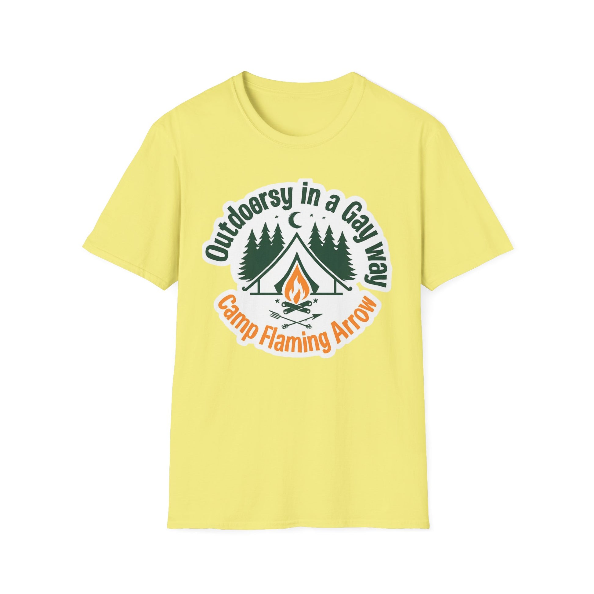 Camp Flaming Arrow Pride T-Shirt, Ptown carnival Gay Outdoorsy in a gay way, LGBTQ+ Camping Gear, Summer Festival Top, Unisex Graphic Tee