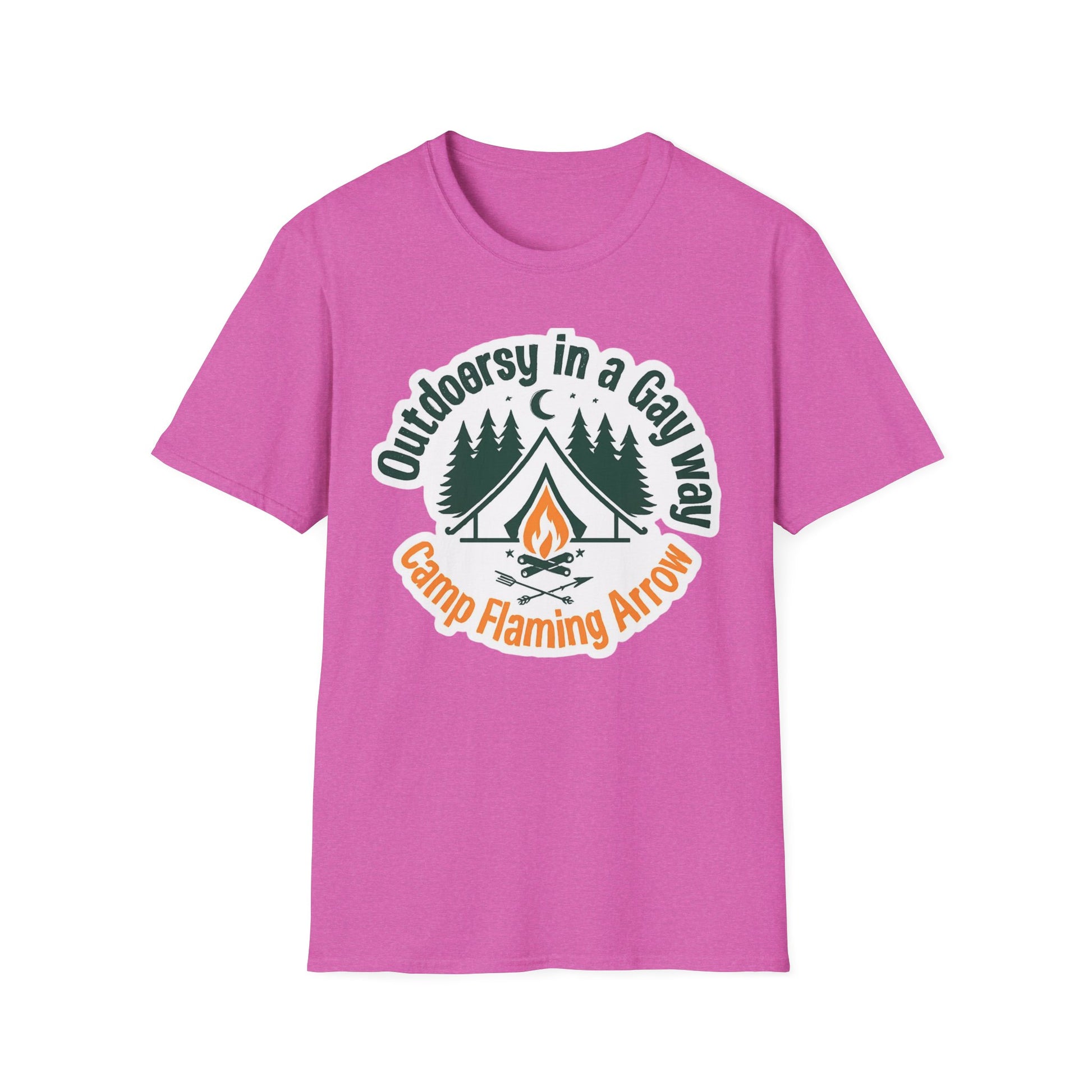 Camp Flaming Arrow Pride T-Shirt, Ptown carnival Gay Outdoorsy in a gay way, LGBTQ+ Camping Gear, Summer Festival Top, Unisex Graphic Tee