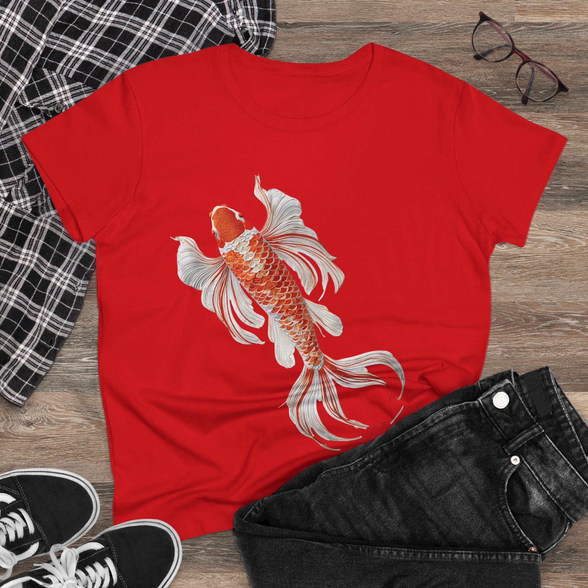 Koi Fish Design Tee for Women, Casual Summer Top, Gift for Nature Lovers, Artistic Cotton Shirt, Ocean Vibe Tee, Everyday Wear