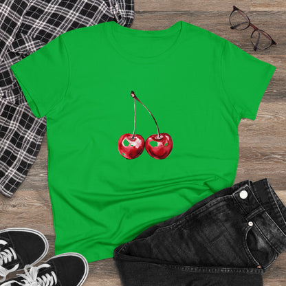 Cherries Tee, Fruit Graphic Shirt, Summer Vibes Top, Women's Cotton T-Shirt, Retro Cherry Print Clothing, Food Lover Gift