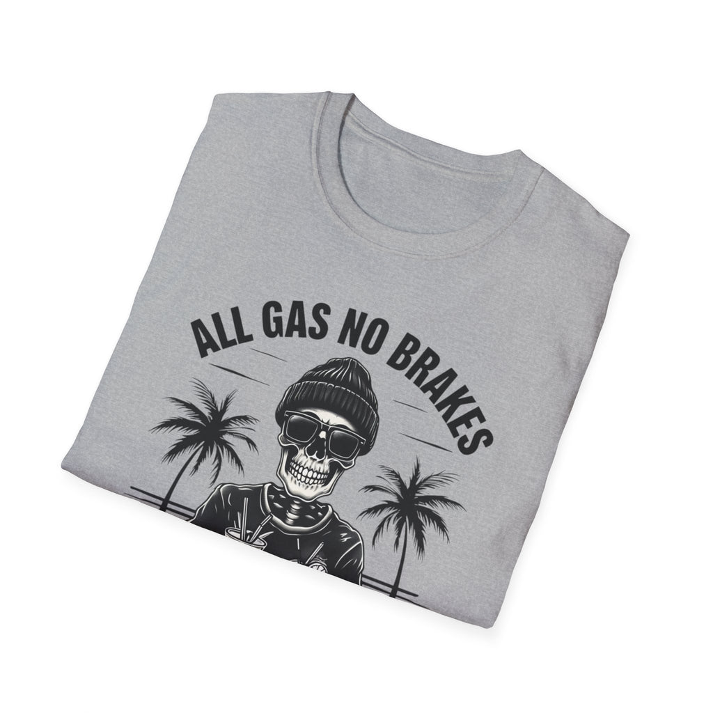 All Gas No Brakes Tee, Beach Party Skull Unisex Softstyle T-Shirt, Summer Skeleton Shirt, Vacation Graphic Top, Surfing Skeleton Apparel