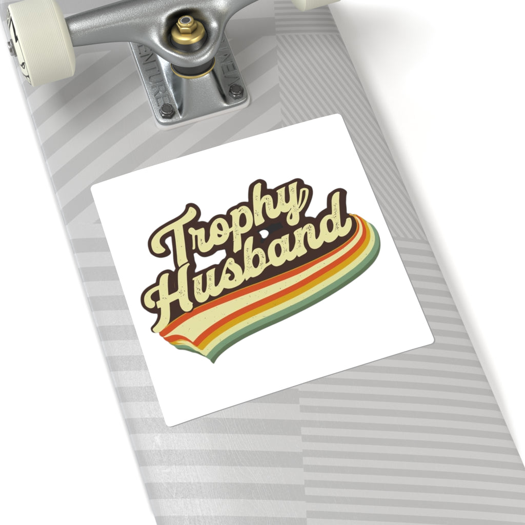 Retro Trophy Husband Square Stickers - Funny Gift for Him, Laptop Decal, Man Cave Decor, Wedding Celebration, Gift for Him