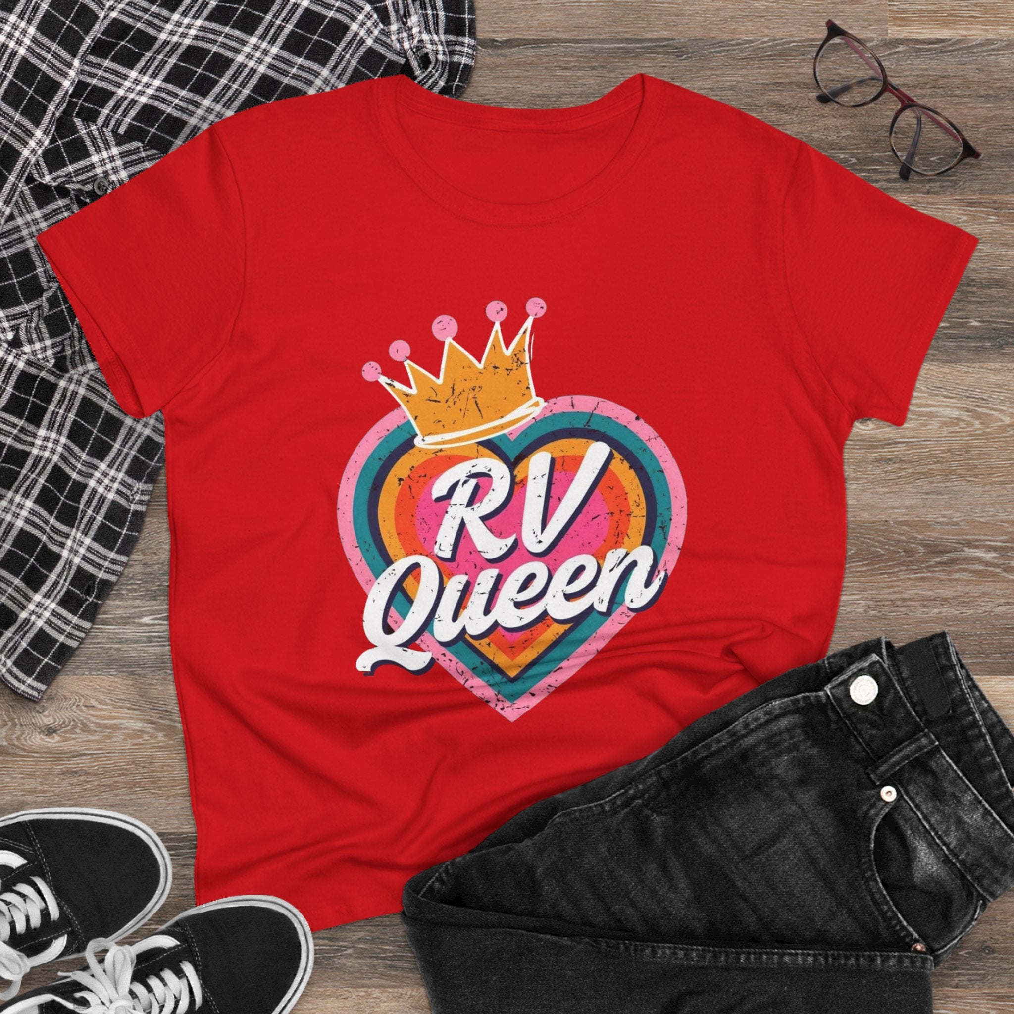 T-Shirt, RV Queen Camping Traveling, Women's Midweight Cotton Tee, Outdoor Adventure Shirt, Camper Life Top, Road Trip Apparel, Campfire