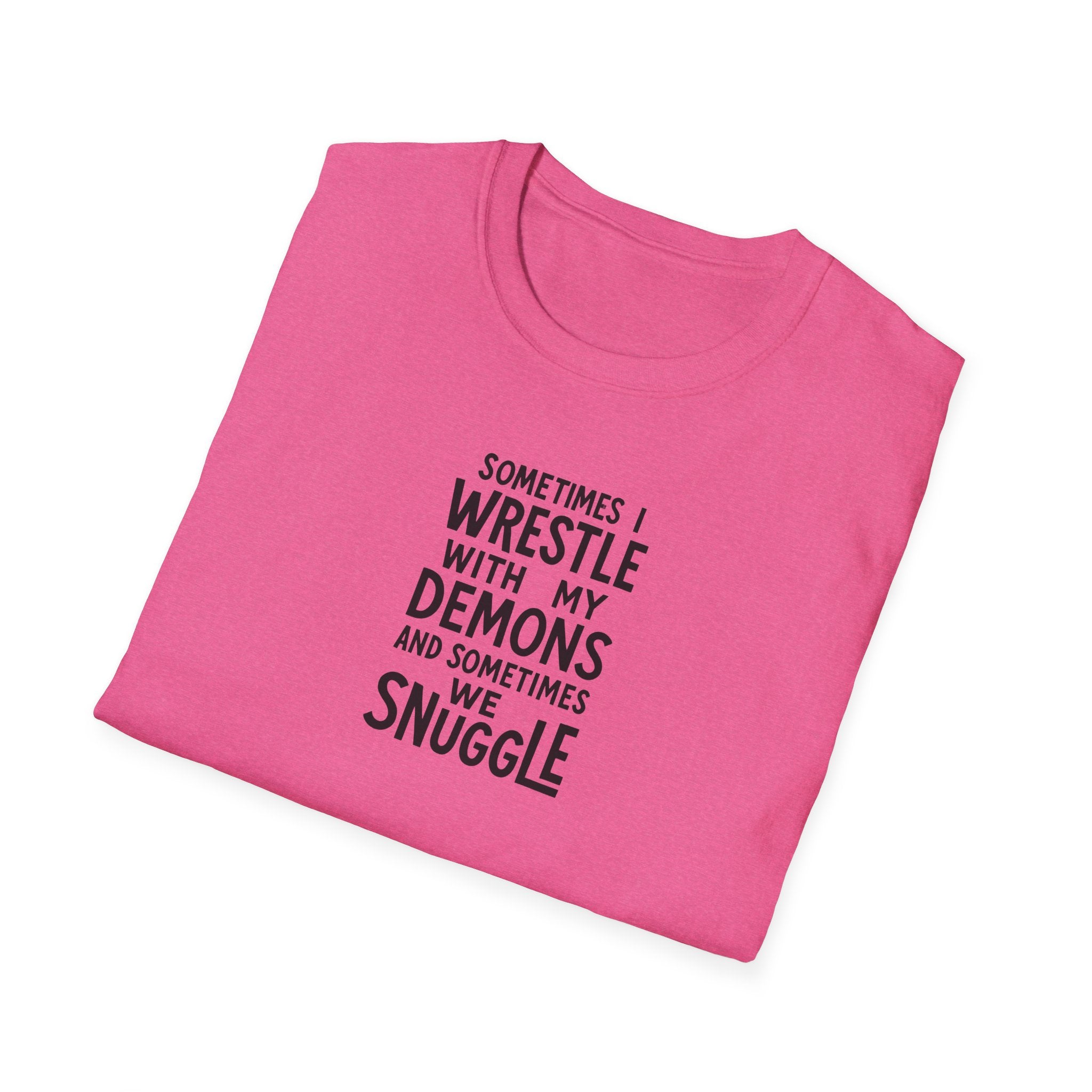 Demon Snuggle Unisex Softstyle T-Shirt, Wrestling Funny Tee, Mental Health Shirt, Graphic Tee, Gift for Him Her