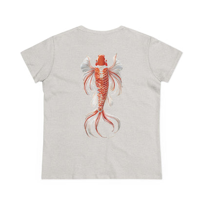 Artistic Goldfish Graphic Women's Midweight Cotton Tee koi On back of tee