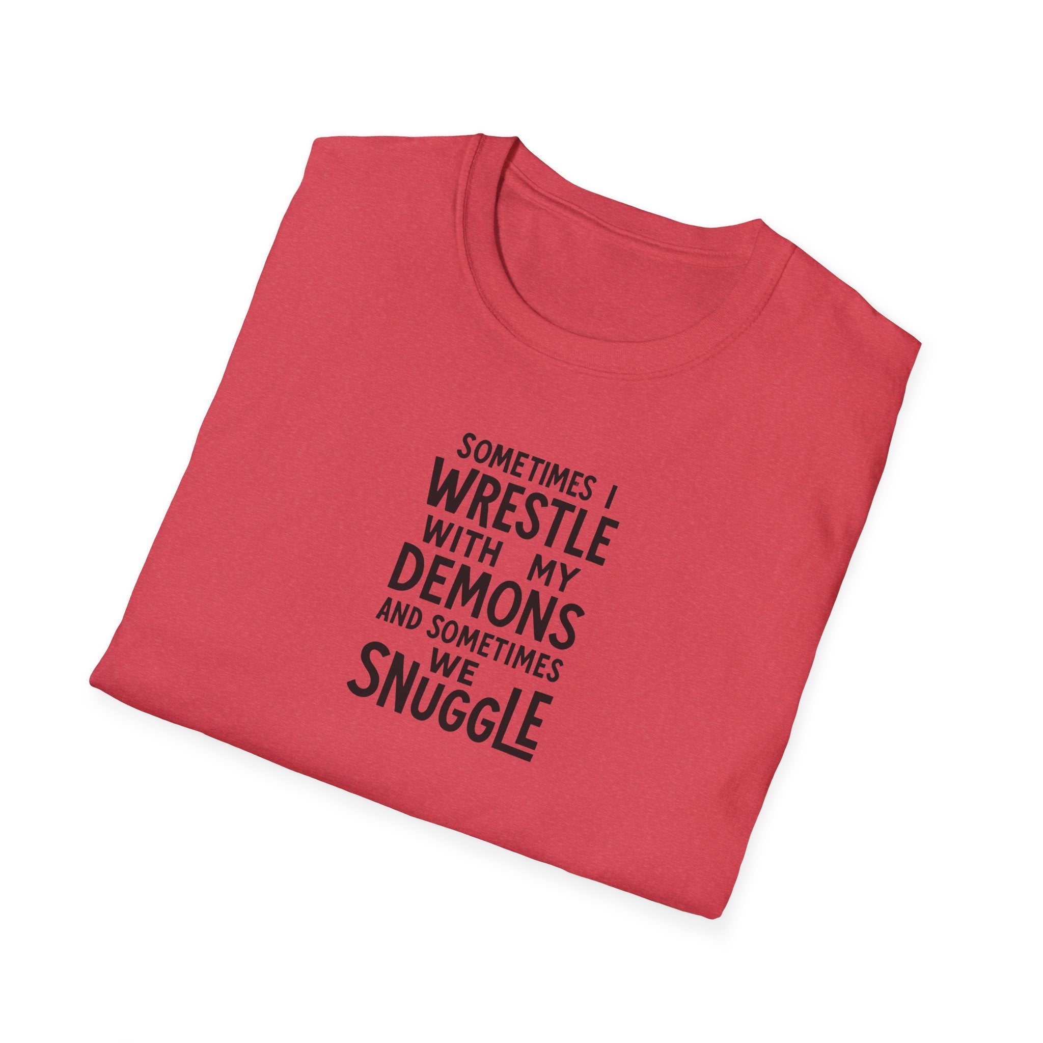 Demon Snuggle Unisex Softstyle T-Shirt, Wrestling Funny Tee, Mental Health Shirt, Graphic Tee, Gift for Him Her