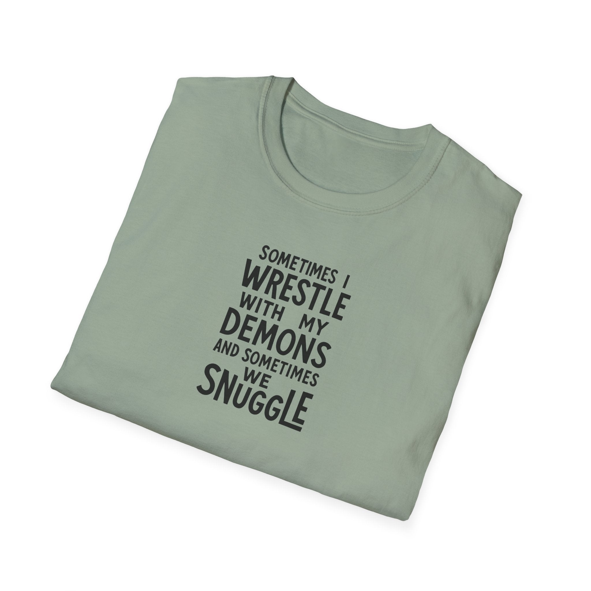 Demon Snuggle Unisex Softstyle T-Shirt, Wrestling Funny Tee, Mental Health Shirt, Graphic Tee, Gift for Him Her
