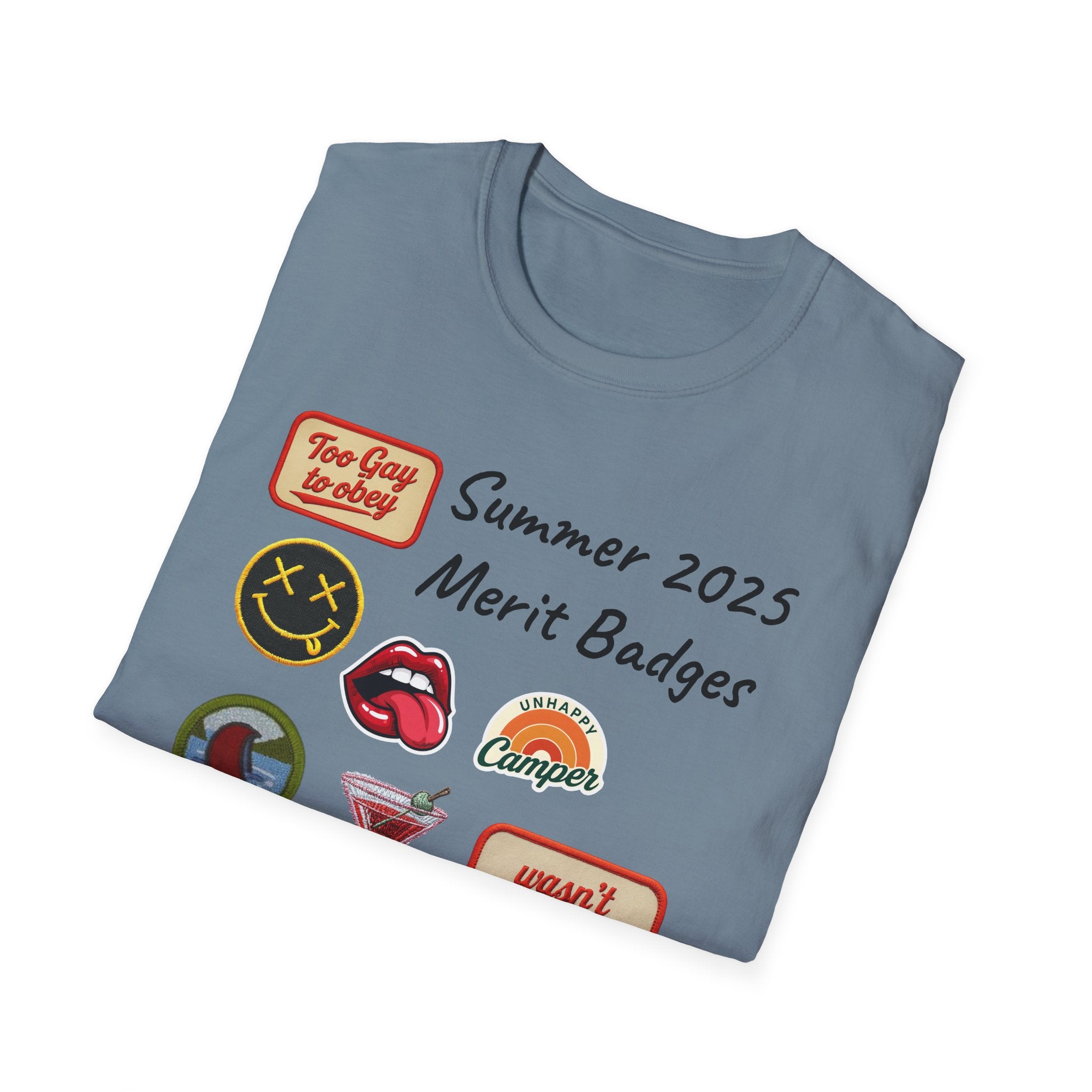 Summer 2025 Merit Badges carnival Unisex Softstyle T-Shirt, Gay Summer Apparel, Camp Vibes Tee, Unique Gifts, Casual Wear for Parties