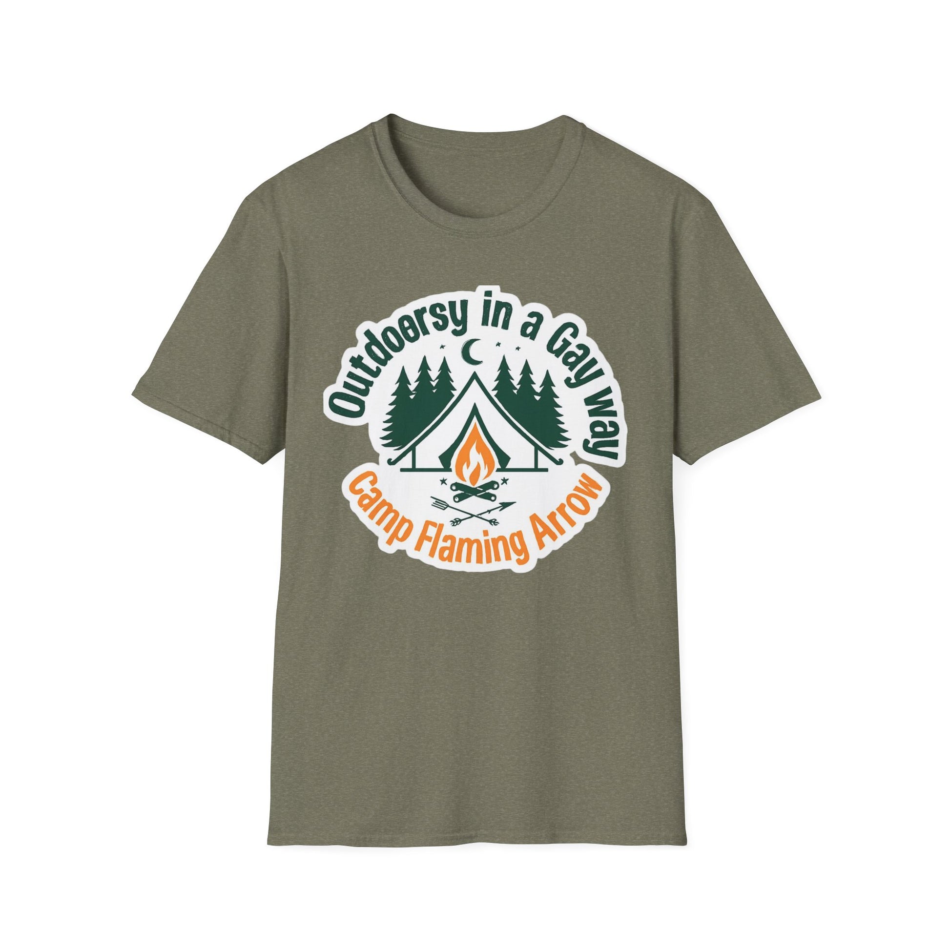 Camp Flaming Arrow Pride T-Shirt, Ptown carnival Gay Outdoorsy in a gay way, LGBTQ+ Camping Gear, Summer Festival Top, Unisex Graphic Tee