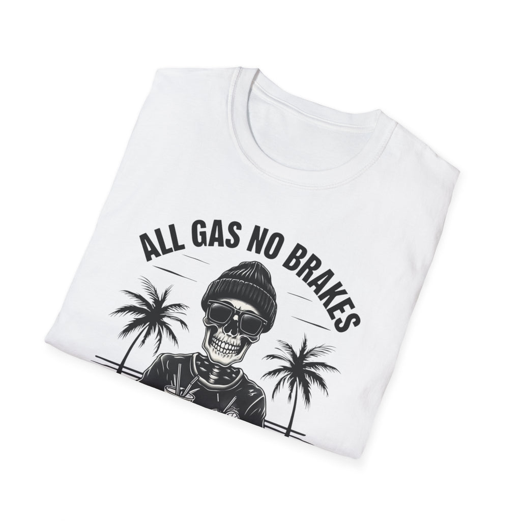 All Gas No Brakes Tee, Beach Party Skull Unisex Softstyle T-Shirt, Summer Skeleton Shirt, Vacation Graphic Top, Surfing Skeleton Apparel