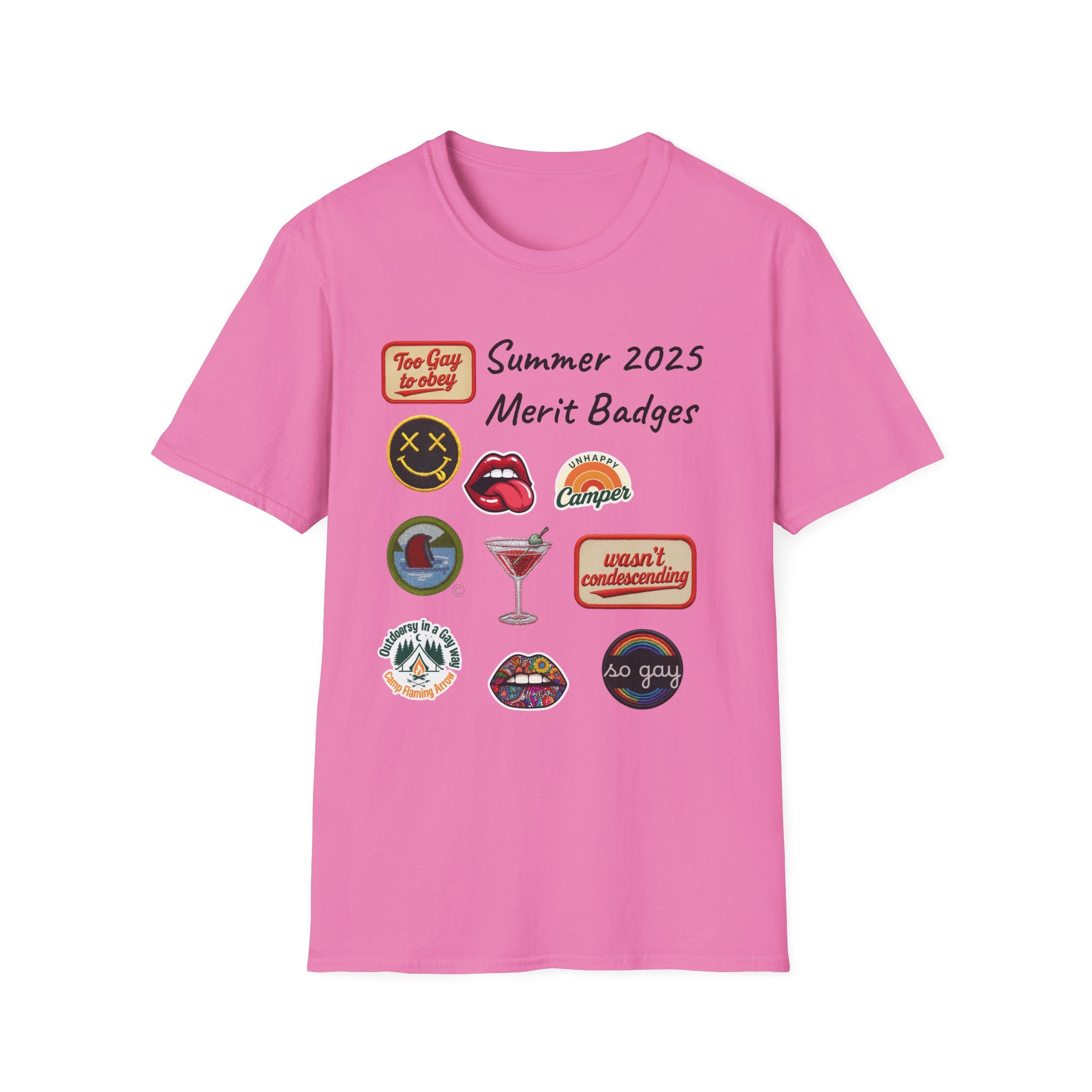 Summer 2025 Merit Badges carnival Unisex Softstyle T-Shirt, Gay Summer Apparel, Camp Vibes Tee, Unique Gifts, Casual Wear for Parties