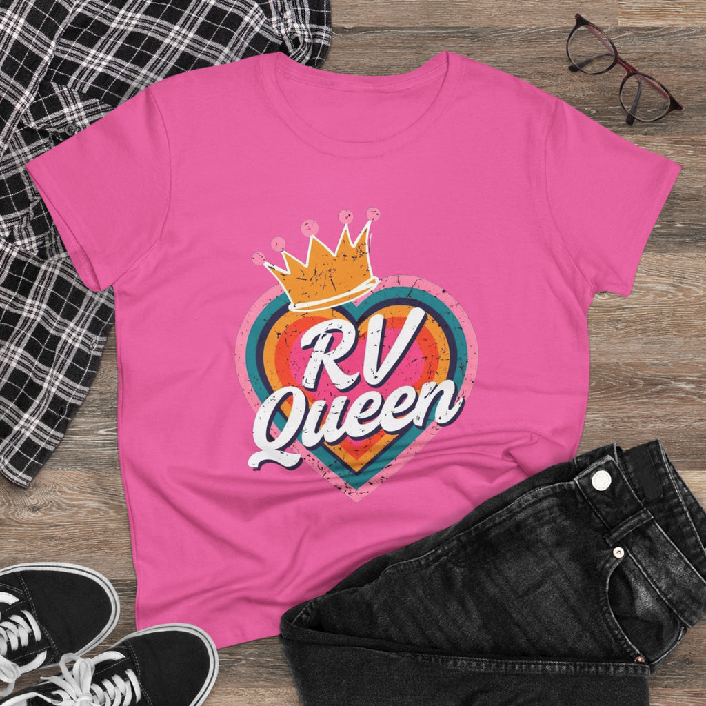 T-Shirt, RV Queen Camping Traveling, Women's Midweight Cotton Tee, Outdoor Adventure Shirt, Camper Life Top, Road Trip Apparel, Campfire