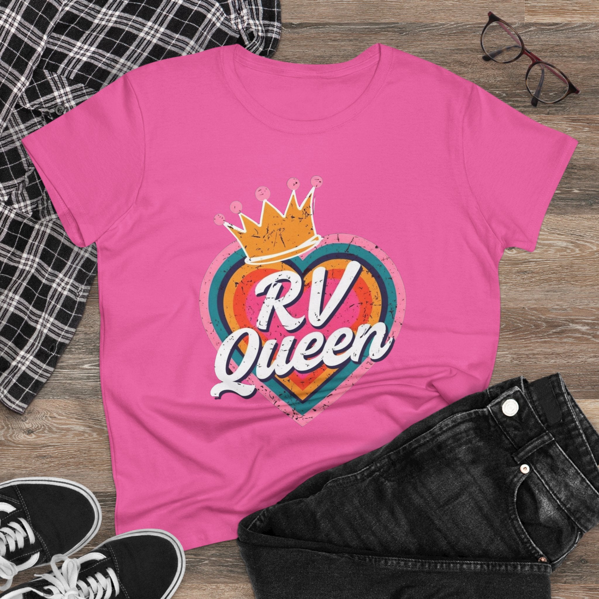 T-Shirt, RV Queen Camping Traveling, Women's Midweight Cotton Tee, Outdoor Adventure Shirt, Camper Life Top, Road Trip Apparel, Campfire