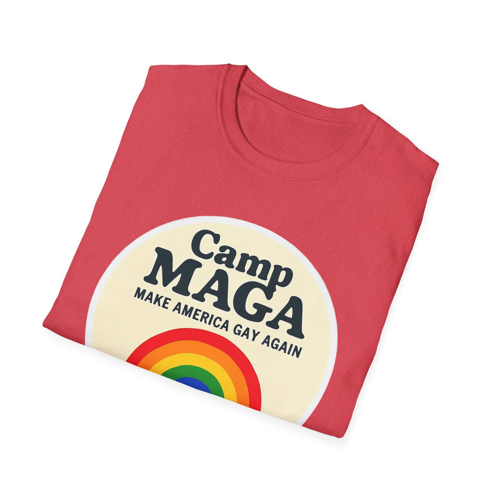 Camp MAGA Rainbow T-Shirt, Carnival Make America Gay Again Pride Tee, LGBTQ Festival Shirt, Unisex Softstyle Top, Patriotic Rainbow Apparel